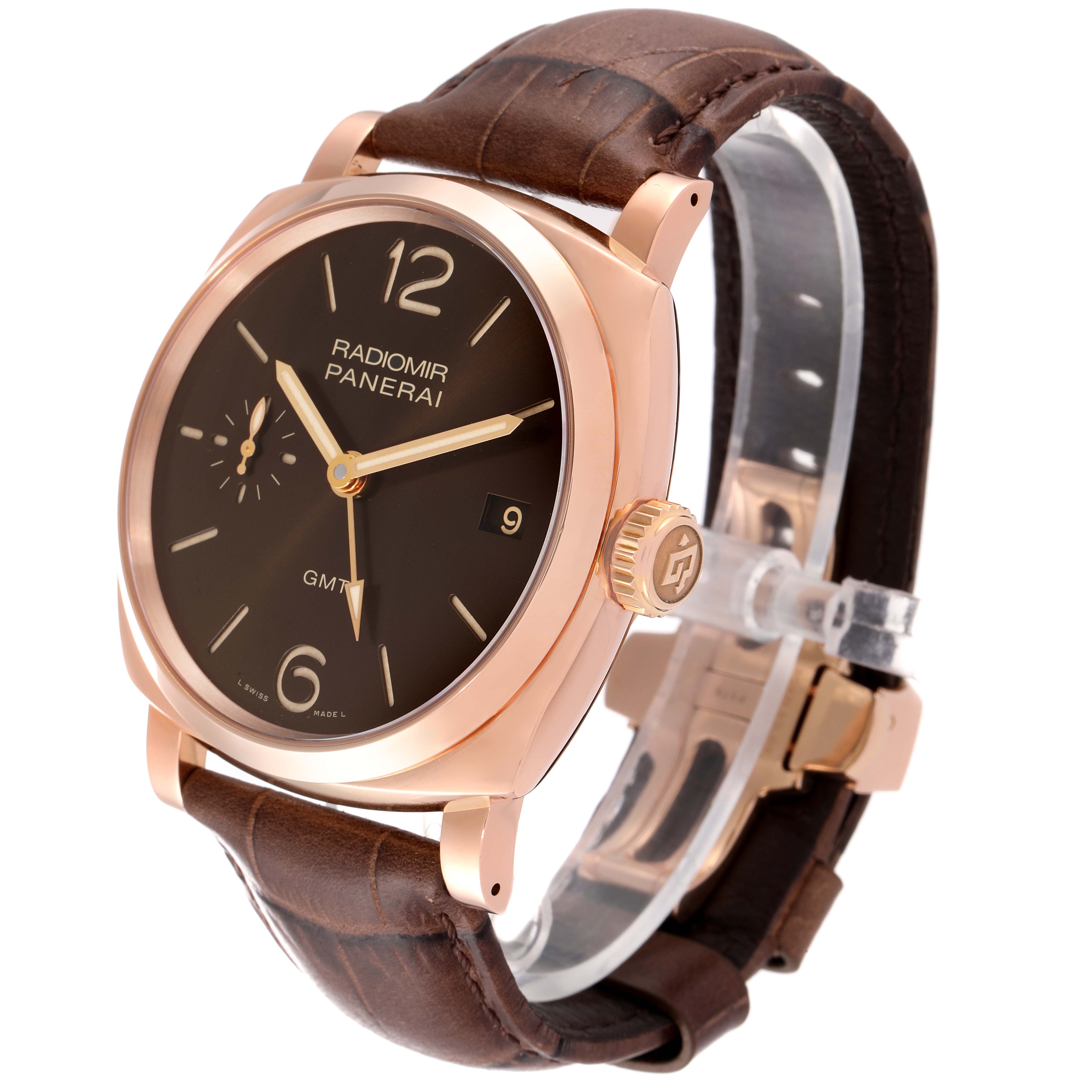 The image shows a Panerai Radiomir PAM00570 Men
s Rose Gold Brown Dial PAM00570 Men
s Rose Gold Brown Dial watch at a slight angle, highlighting the brown leather strap, rose gold case, and black dial.