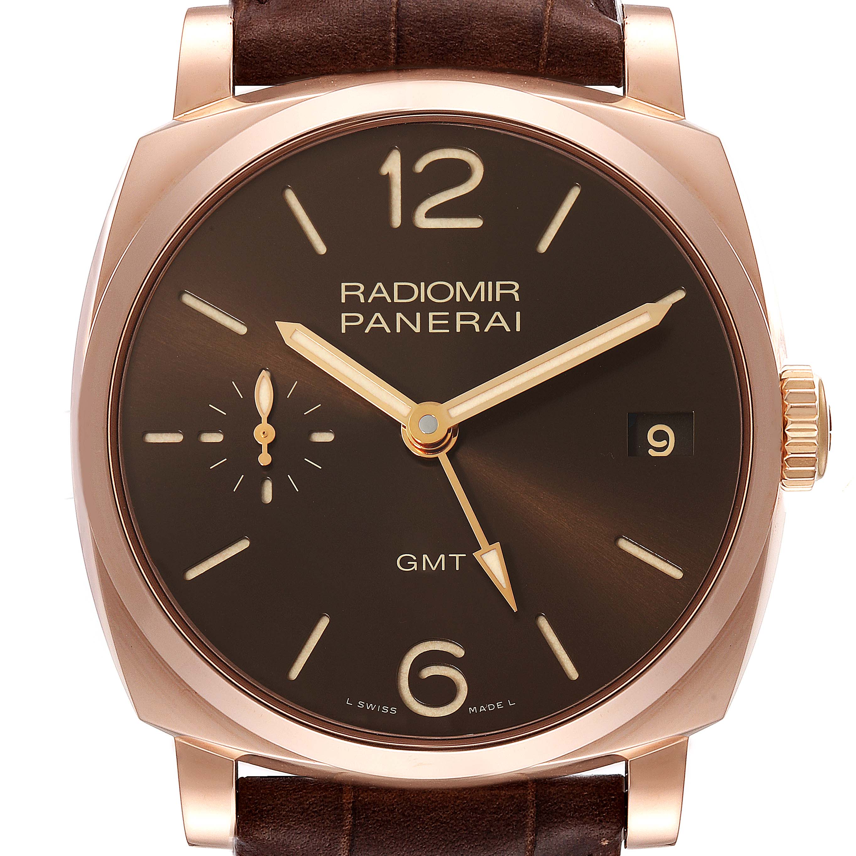This image shows a front view of a Panerai Radiomir PAM00570 Men
s Rose Gold Brown Dial PAM00570 Men
s Rose Gold Brown Dial watch, highlighting its brown dial, hands, crown, and a brown leather strap.