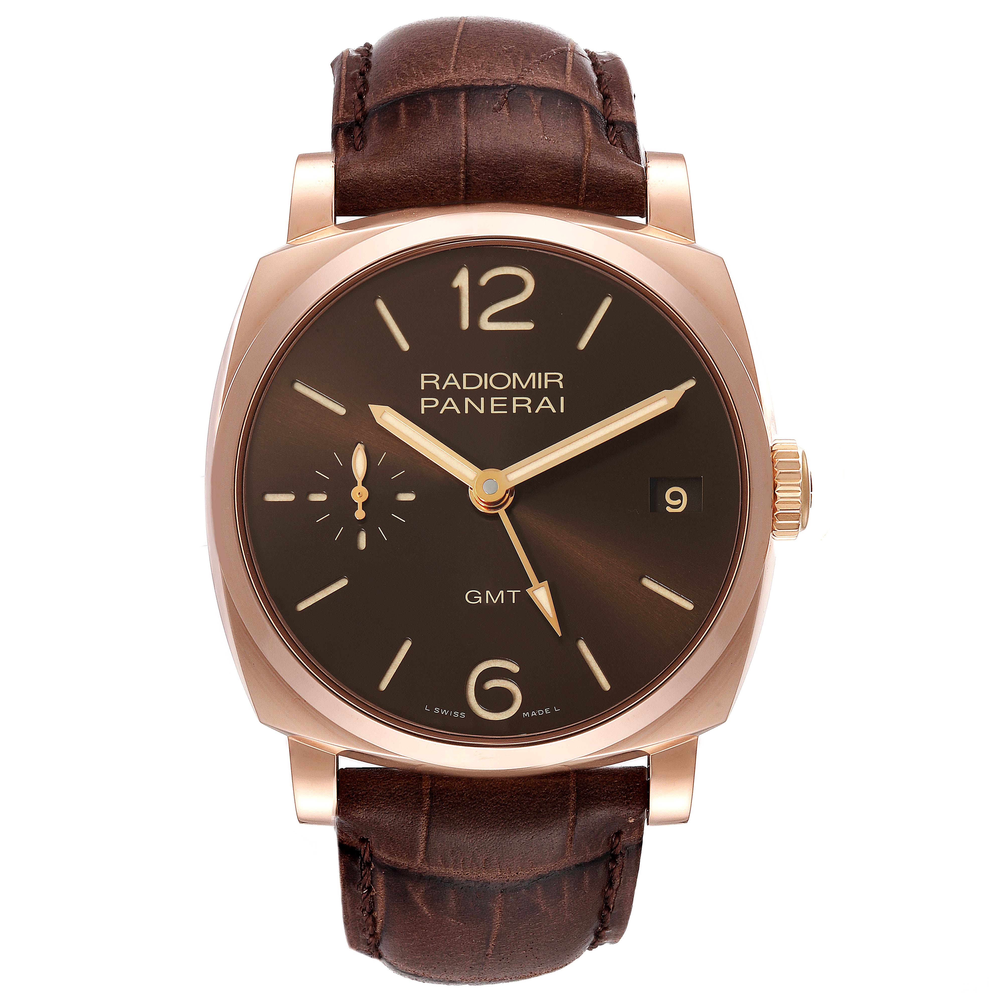 The image shows a front view of the Panerai Radiomir PAM00570 Men
s Rose Gold Brown Dial PAM00570 Men
s Rose Gold Brown Dial watch, displaying its dial, hands, and brown leather strap.