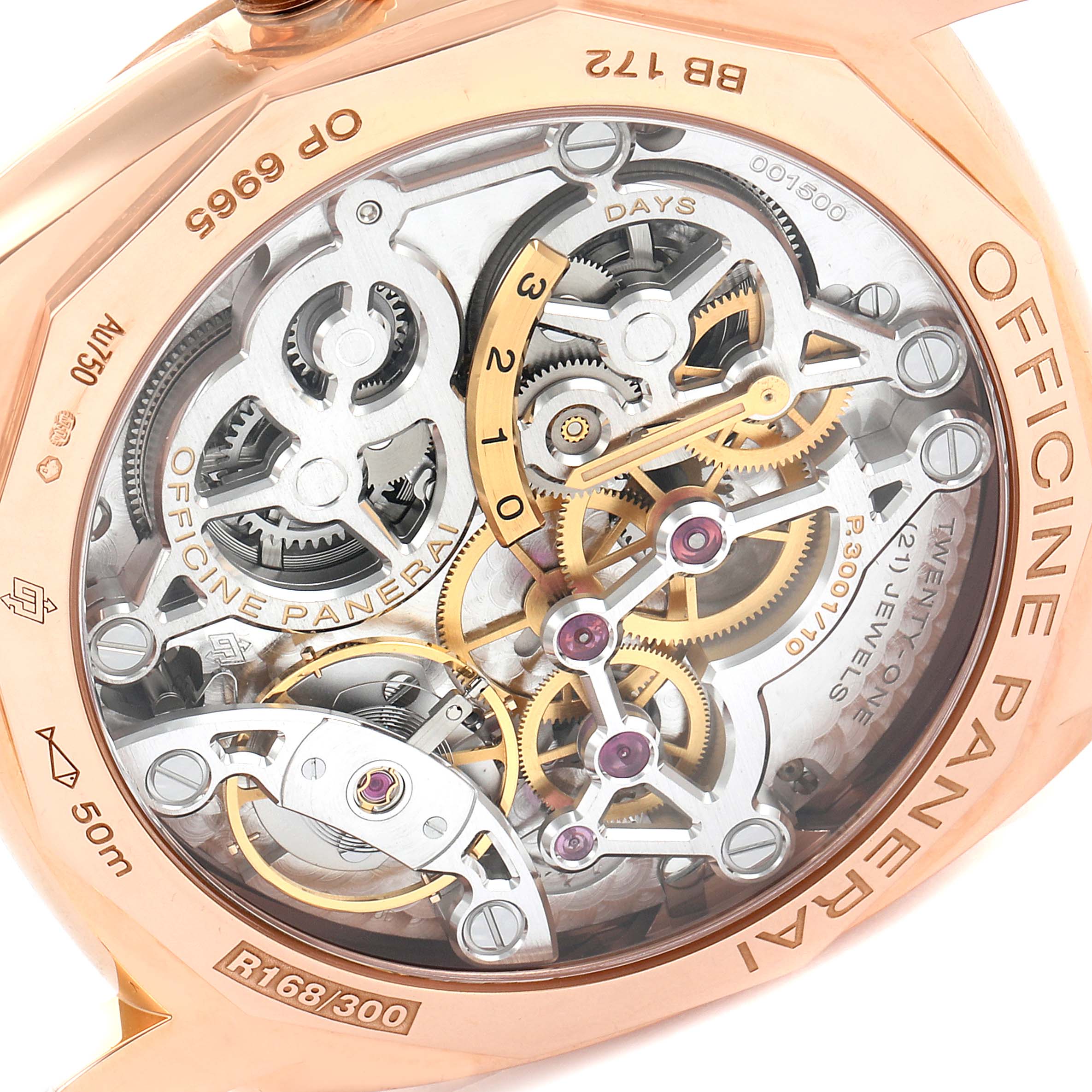 The image shows the back view of a Panerai Radiomir PAM00570 Men
s Rose Gold Brown Dial PAM00570 Men
s Rose Gold Brown Dial watch, highlighting its intricate mechanical movement.