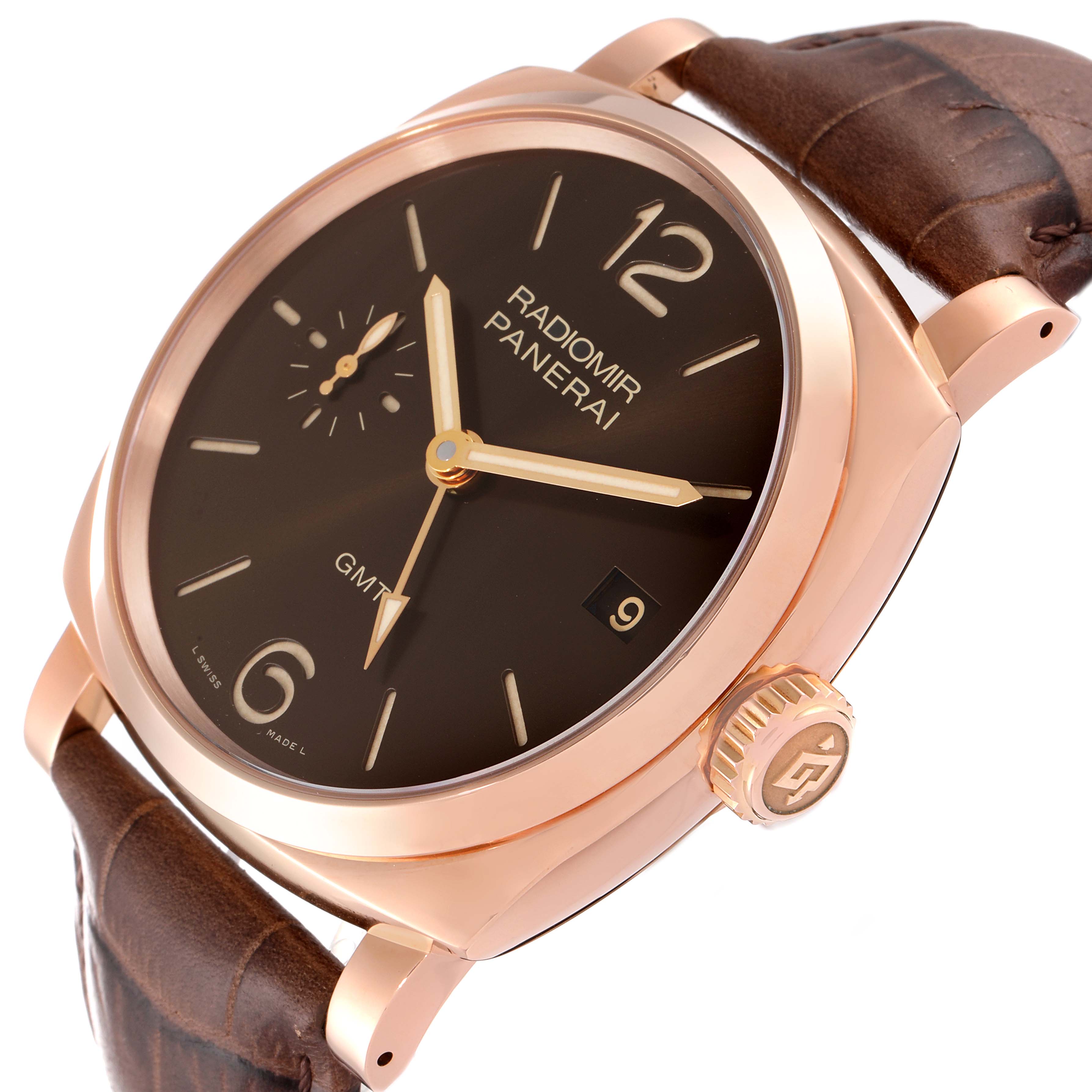 The image shows a close-up angle of the Panerai Radiomir PAM00570 Men
s Rose Gold Brown Dial PAM00570 Men
s Rose Gold Brown Dial watch face, displaying the dial, crown, and part of the leather strap.