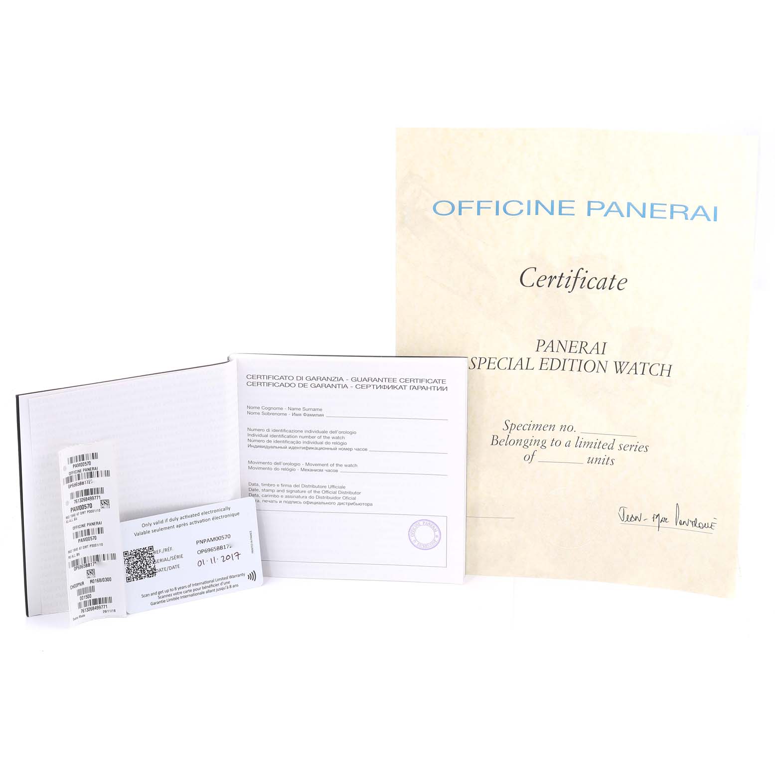 This image shows Panerai Radiomir PAM00570 Men
s Rose Gold Brown Dial PAM00570 Men
s Rose Gold Brown Dial model watch documentation and a certificate from a front angle.