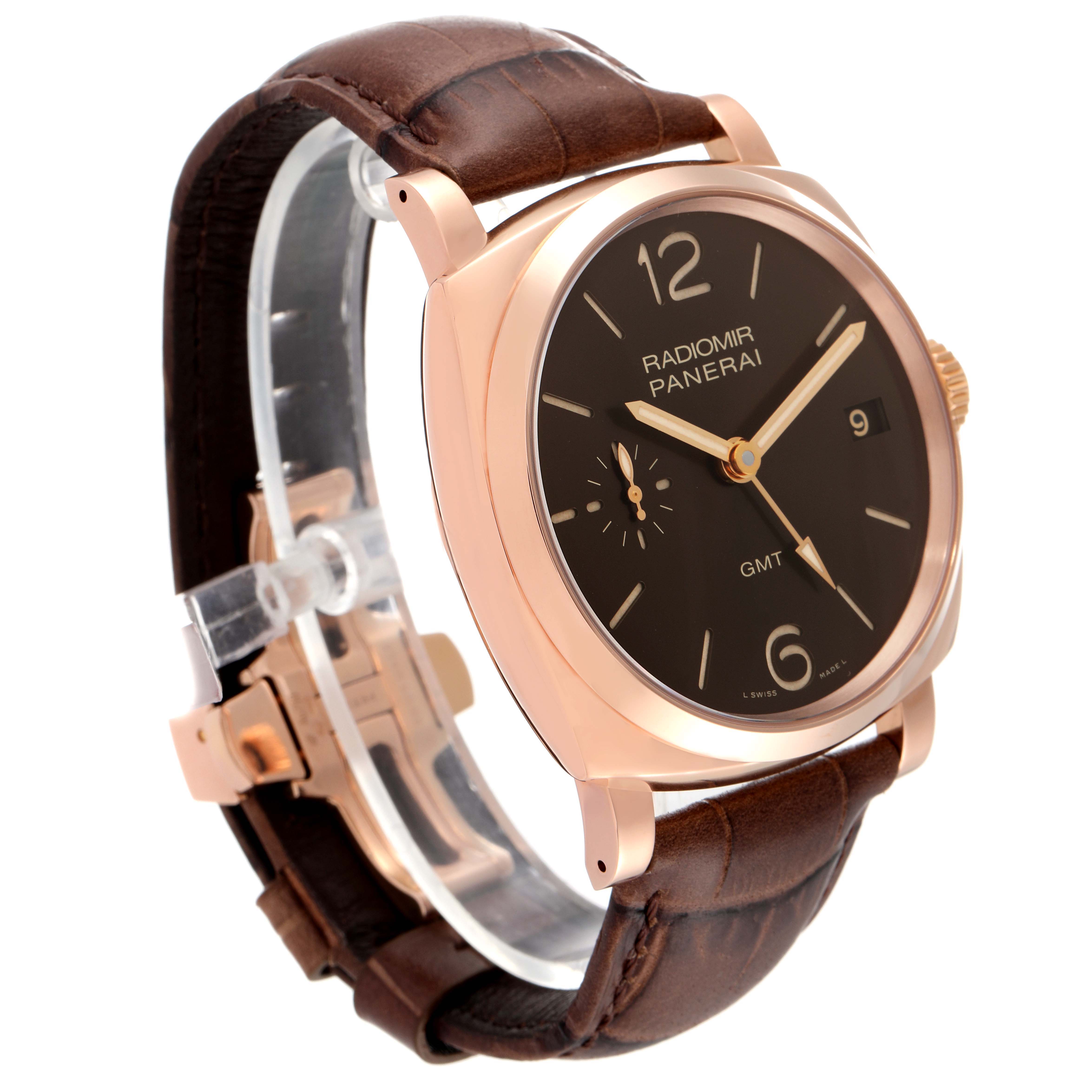 The image shows a Panerai Radiomir PAM00570 Men
s Rose Gold Brown Dial PAM00570 Men
s Rose Gold Brown Dial watch from an angled front view, highlighting its dial, case, crown, and leather strap.