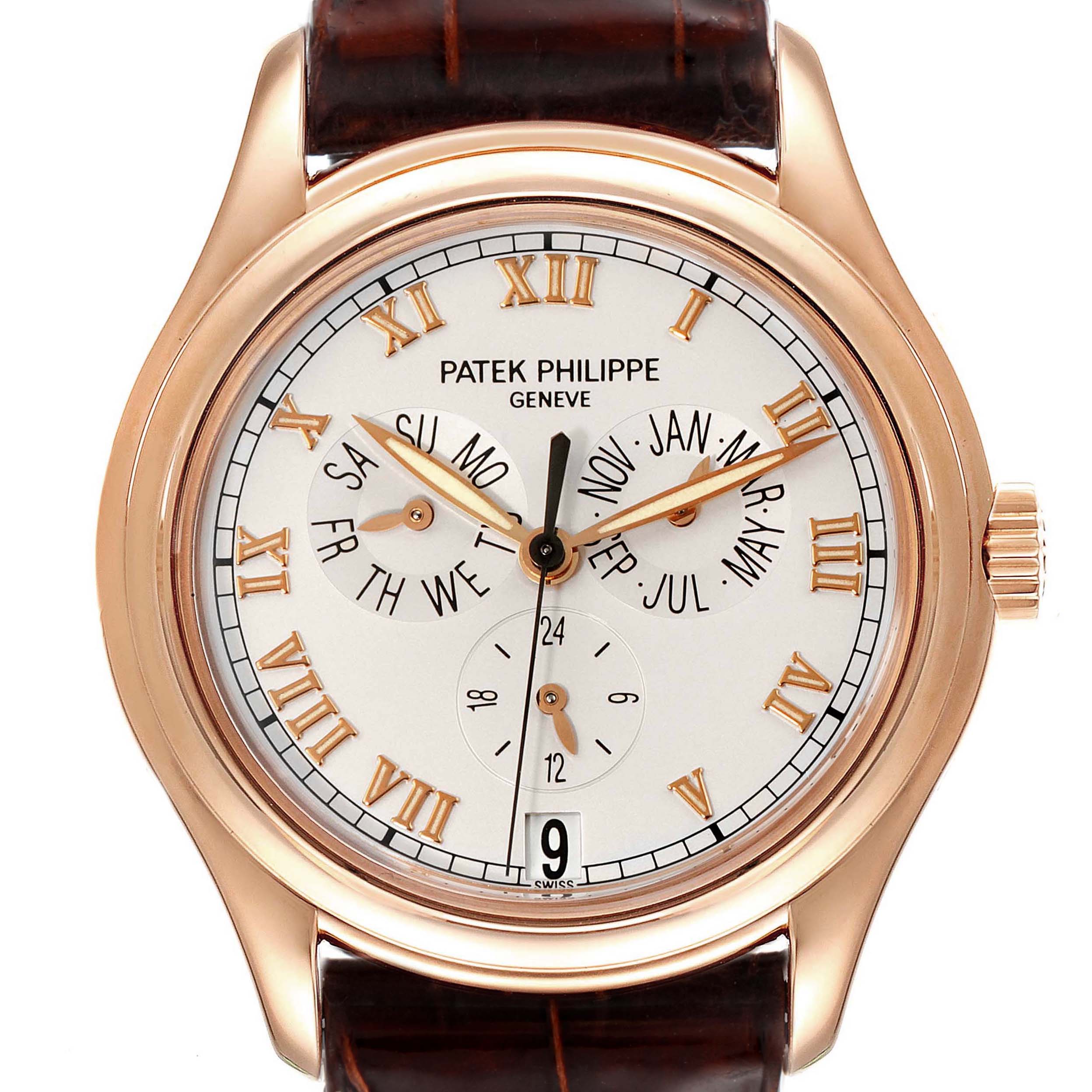 The image shows a Patek Philippe Complications 5035R Men's Rose Gold Silver Dial 5035R Men's Rose Gold Silver Dial watch from a front angle, displaying its face and leather strap.