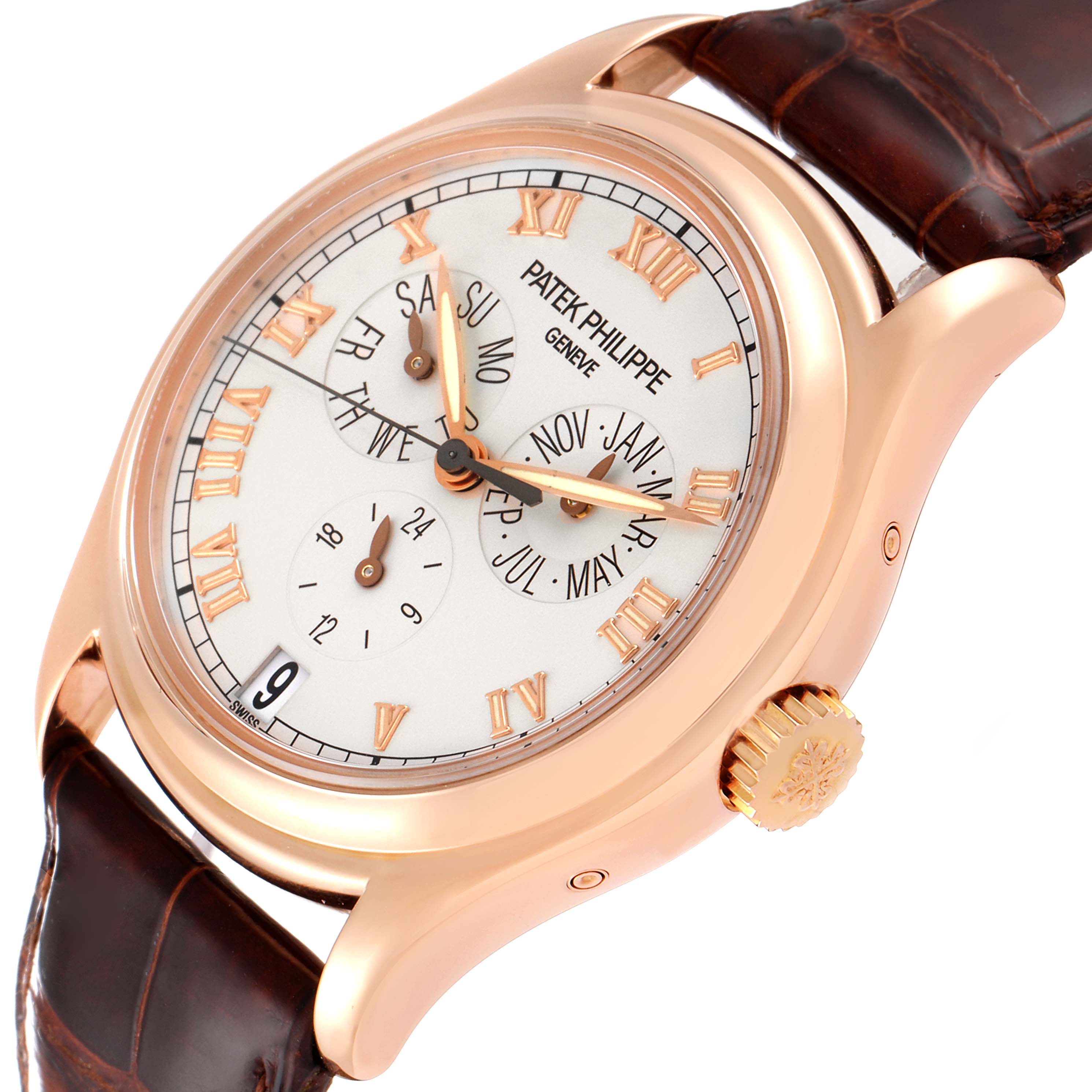 The image shows a Patek Philippe Complications 5035R Men's Rose Gold Silver Dial 5035R Men's Rose Gold Silver Dial model watch from a slightly oblique angle, highlighting the dial, case, and crown.