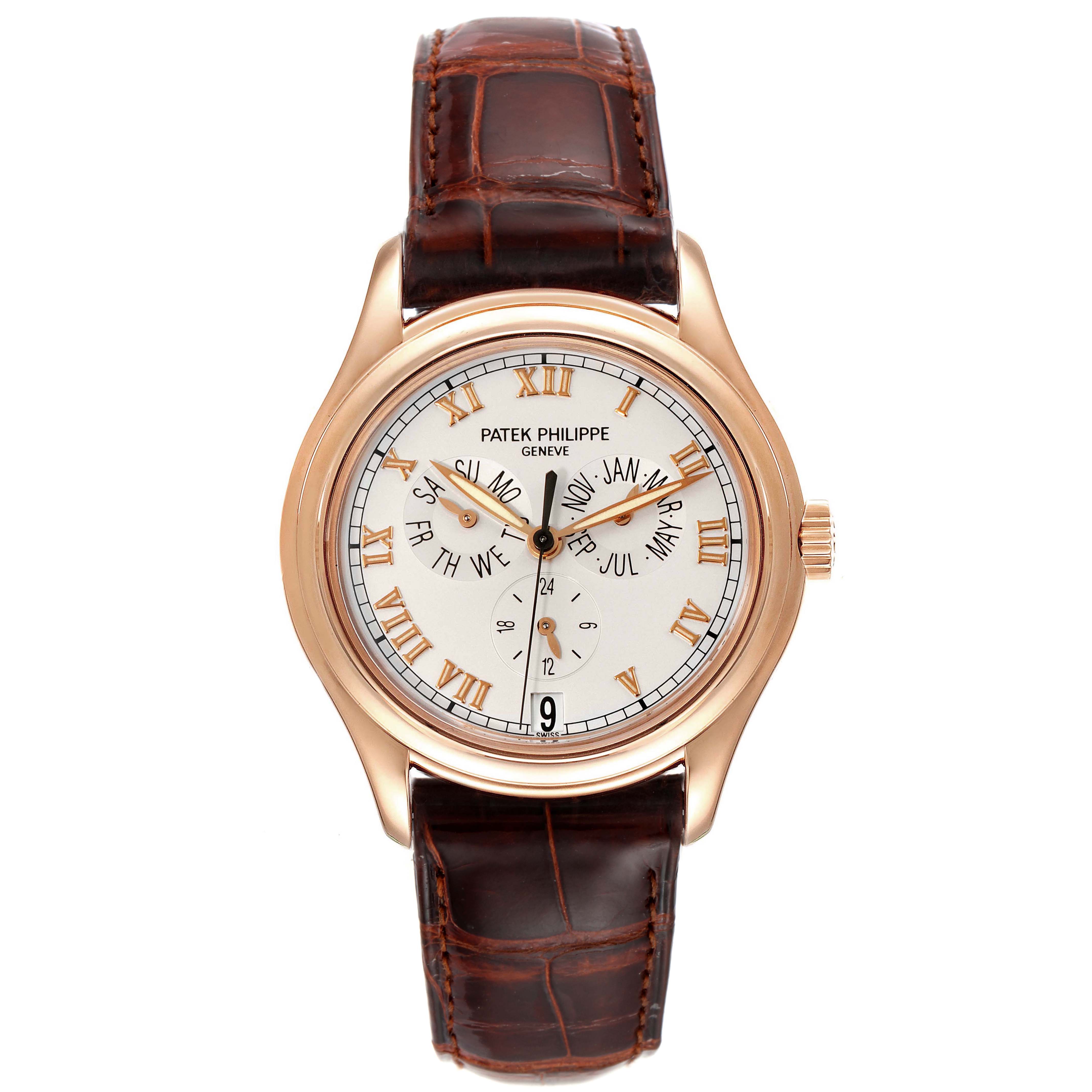 The image shows a frontal view of a Patek Philippe Complications 5035R Men's Rose Gold Silver Dial 5035R Men's Rose Gold Silver Dial model watch, featuring a leather strap and multiple sub-dials on the face.