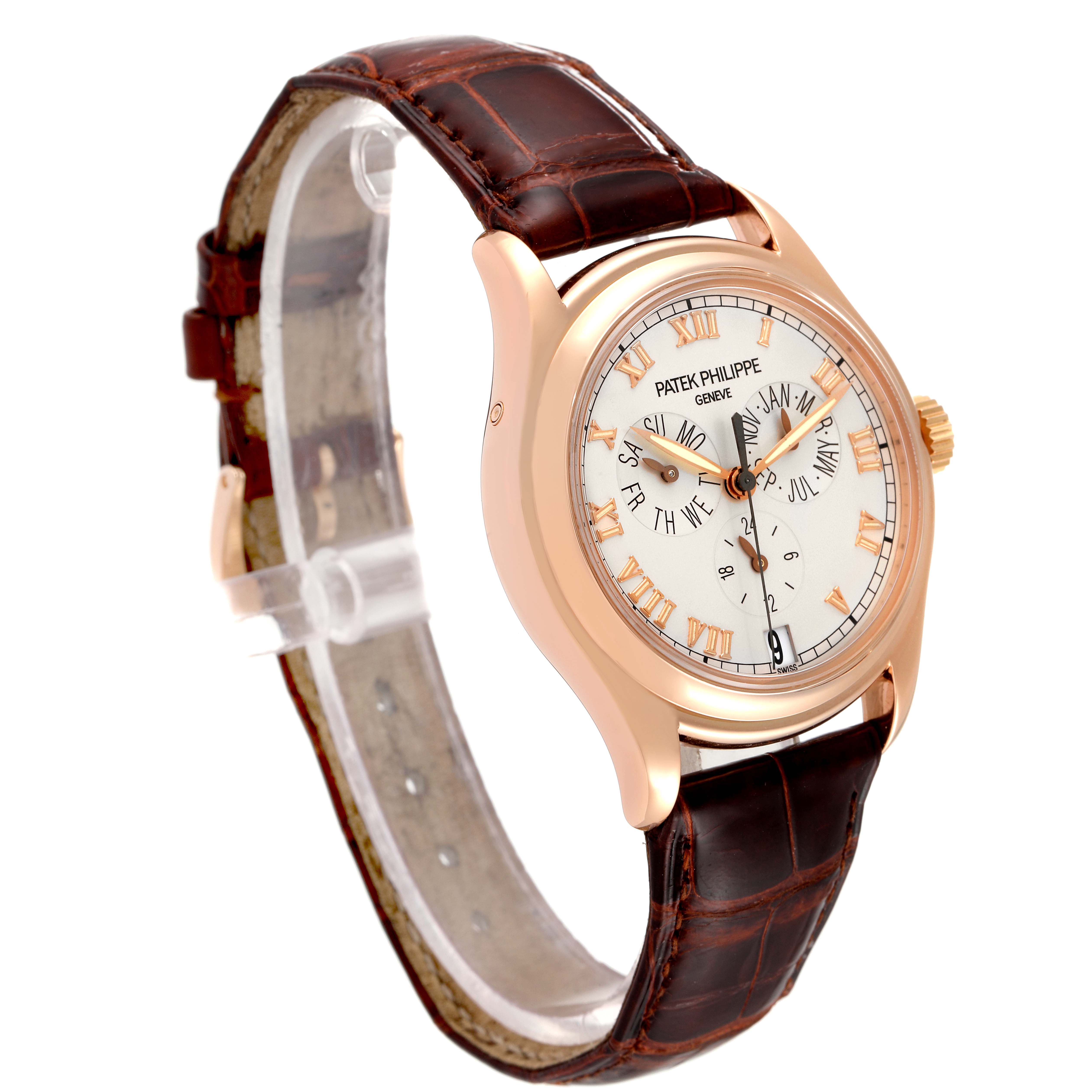 The Patek Philippe Complications 5035R Men's Rose Gold Silver Dial 5035R Men's Rose Gold Silver Dial model watch is shown at a slight left-side angle, highlighting the dial, strap, and case.