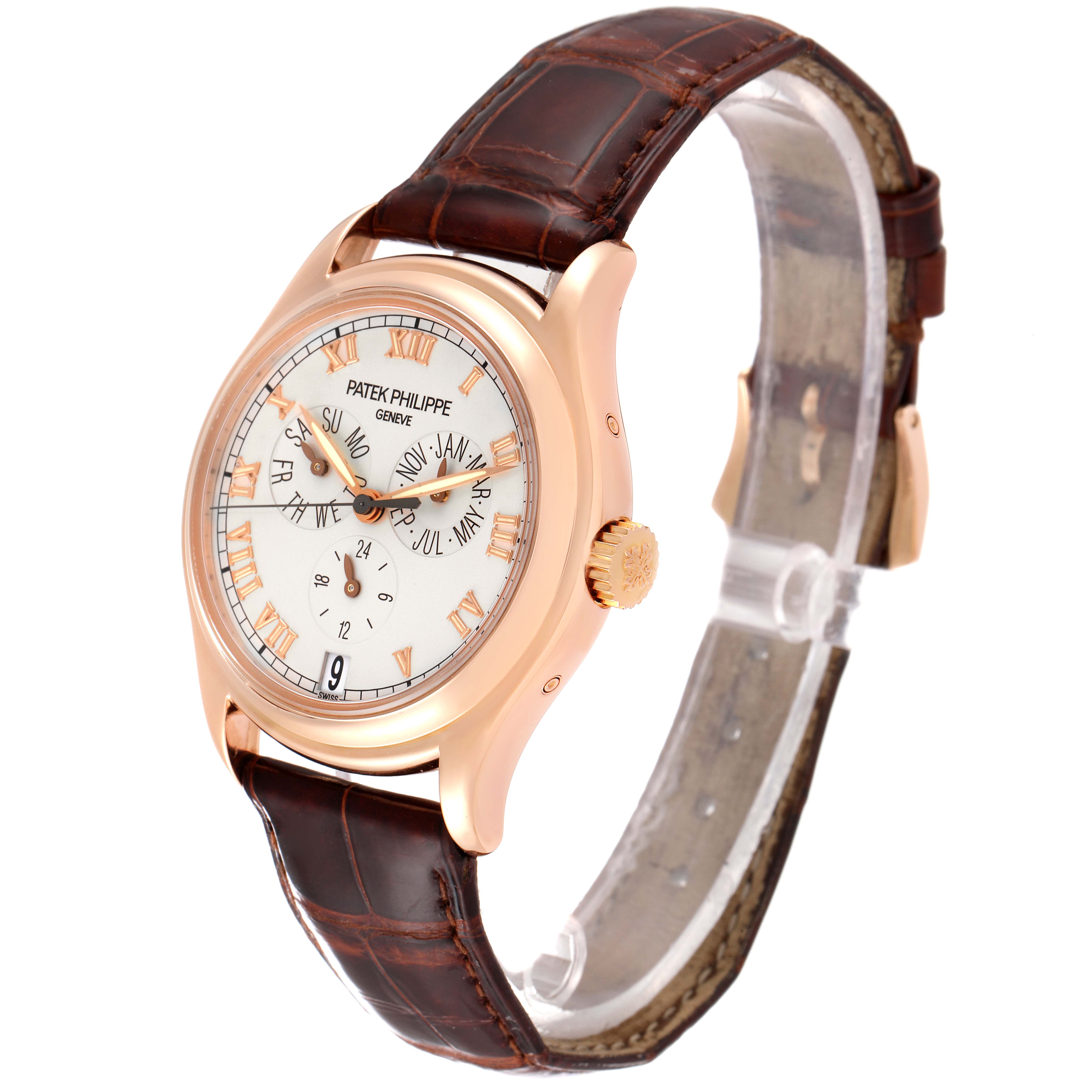 This Patek Philippe Complications 5035R Men's Rose Gold Silver Dial 5035R Men's Rose Gold Silver Dial model watch is shown at a three-quarter angle, highlighting the dial, crown, and brown leather strap.