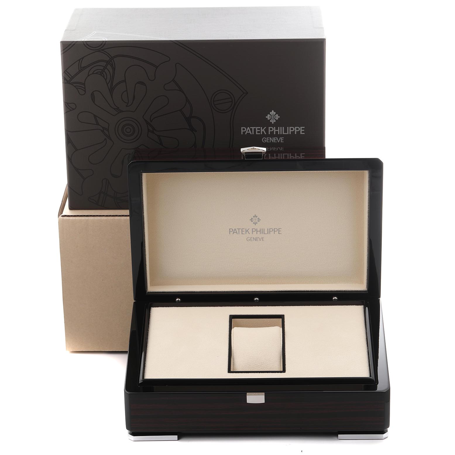 The image shows an open watch box for the Patek Philippe Complications 5040J Men
s Yellow Gold Silver Dial 5040J Men
s Yellow Gold Silver Dial model, displaying the interior and packaging.