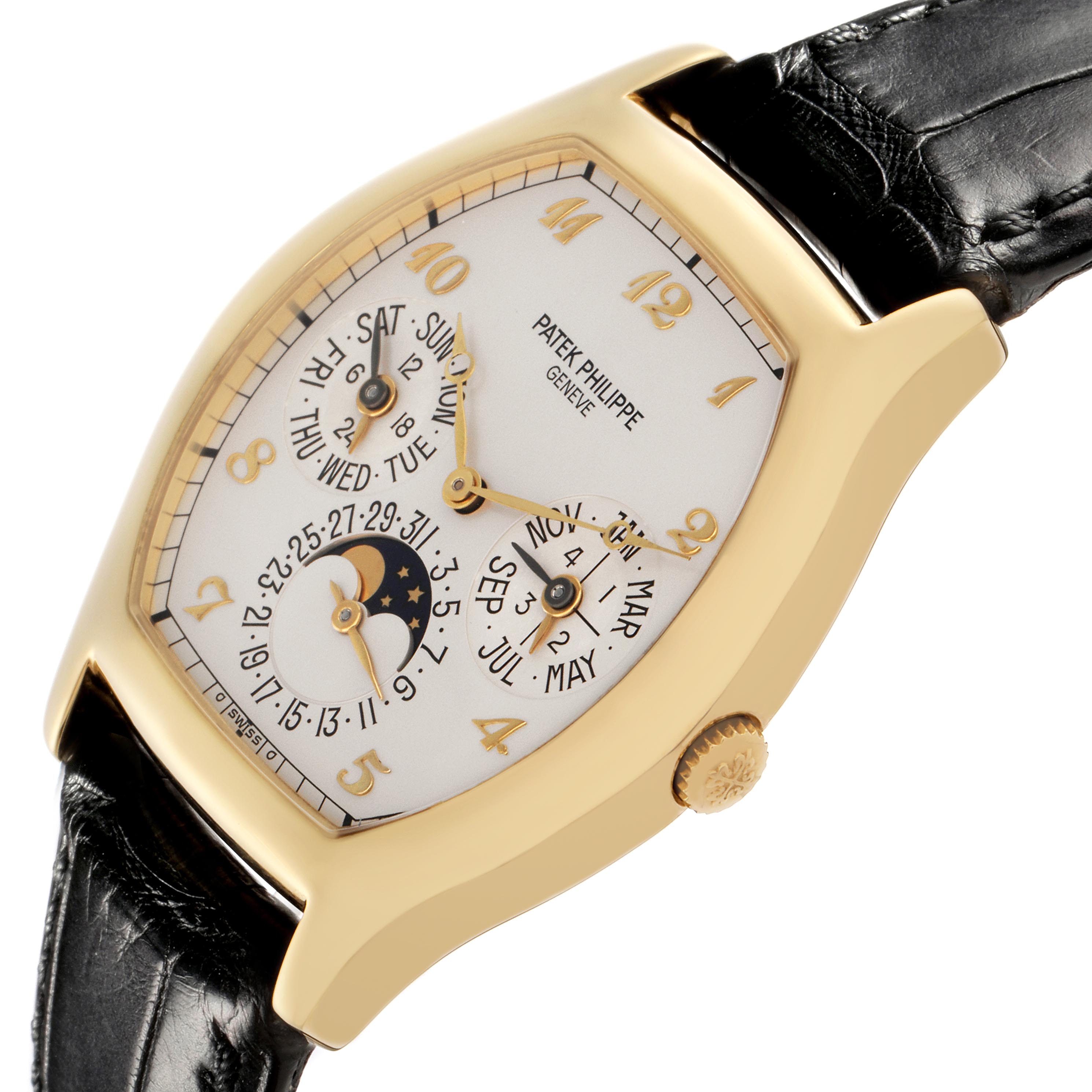 The Patek Philippe Complications 5040J Men
s Yellow Gold Silver Dial 5040J Men
s Yellow Gold Silver Dial watch is shown at an angle highlighting the dial, case, and crown.