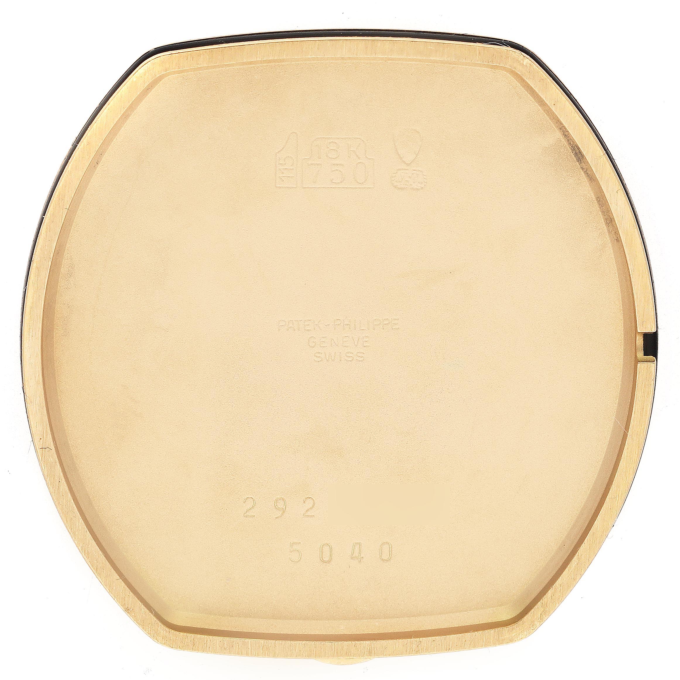 The image shows the back case of a Patek Philippe Complications 5040J Men
s Yellow Gold Silver Dial 5040J Men
s Yellow Gold Silver Dial model, highlighting engravings and hallmarks.