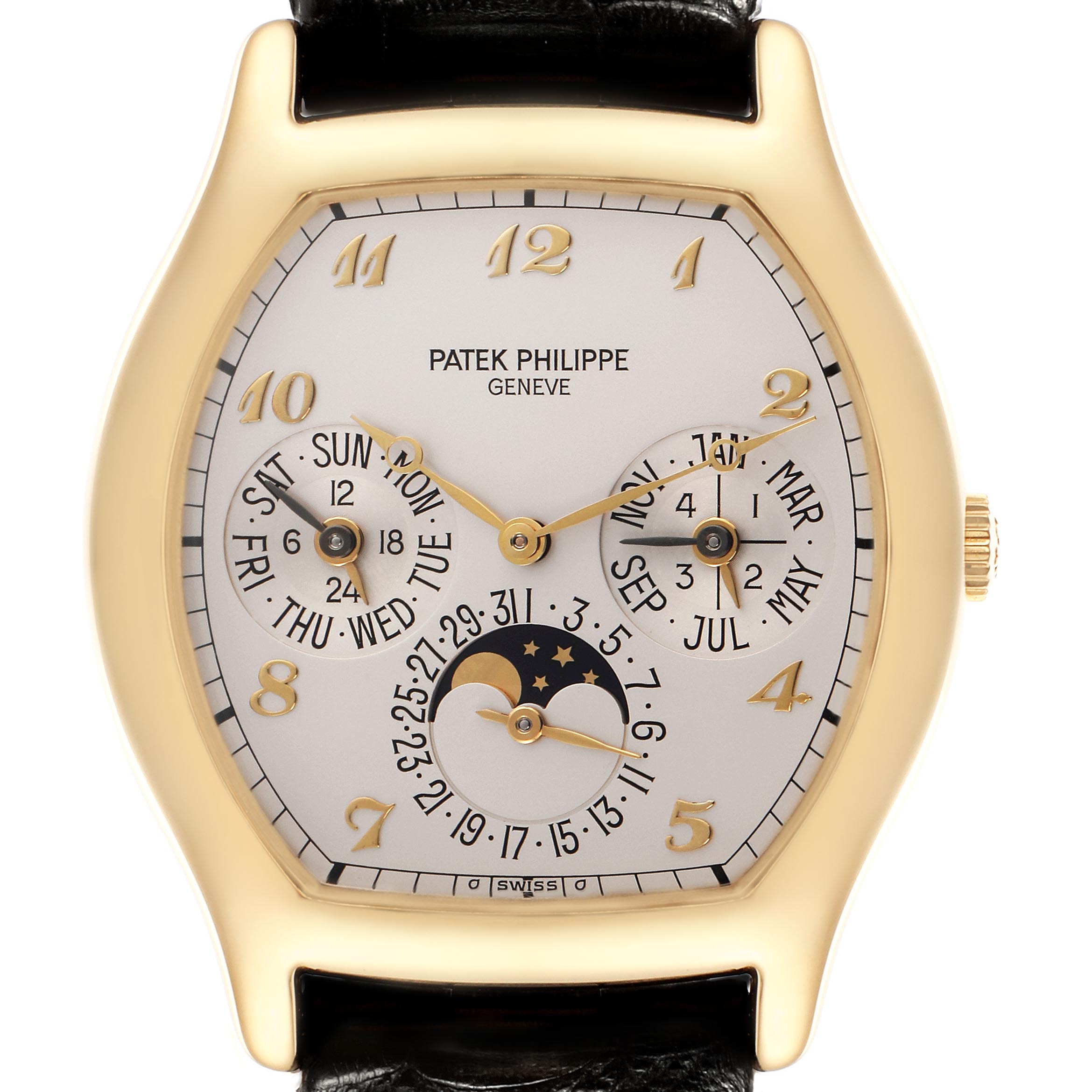 The Patek Philippe Complications 5040J Men
s Yellow Gold Silver Dial 5040J Men
s Yellow Gold Silver Dial watch is shown front-on, displaying the dial with calendar, moon phase, and gold numerals.