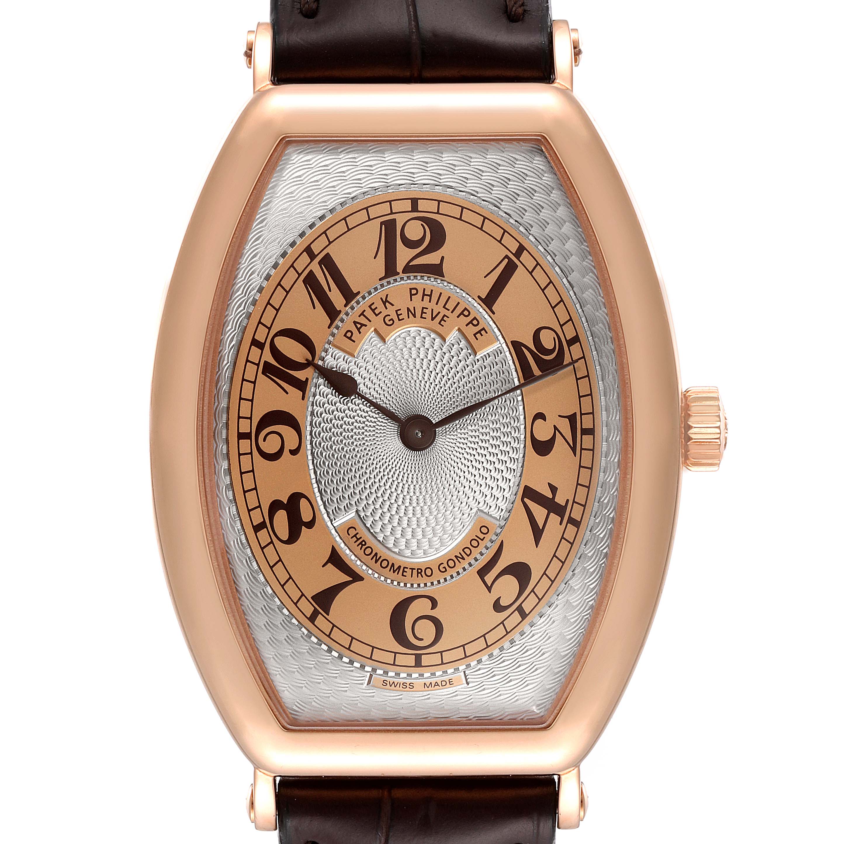 This image shows a front view of the Patek Philippe Gondolo 5098R Men's Rose Gold Silver Dial 5098R Men's Rose Gold Silver Dial watch, highlighting its dial, hands, and case.