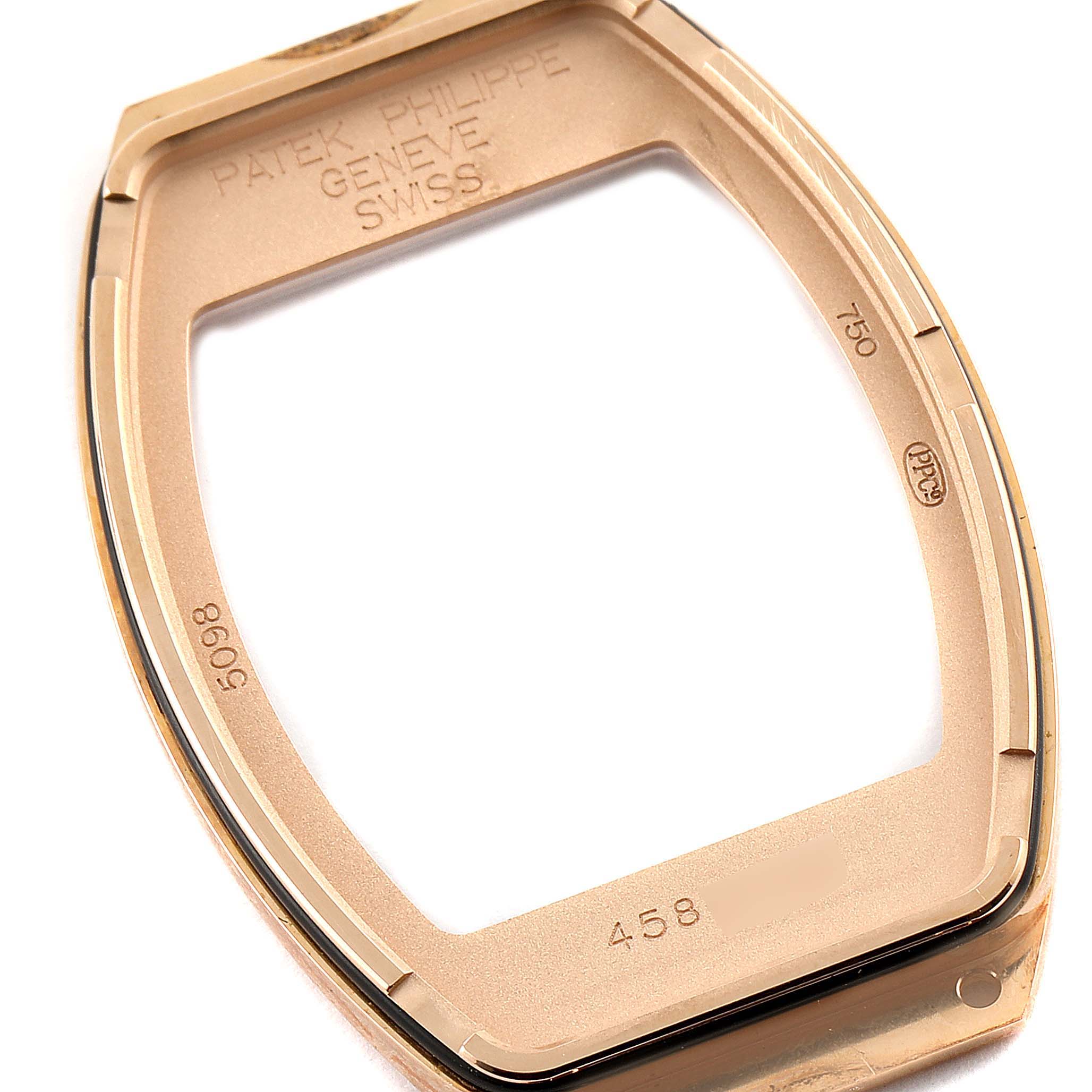 The image shows the inner case frame of a Patek Philippe Gondolo 5098R Men's Rose Gold Silver Dial 5098R Men's Rose Gold Silver Dial watch from a top-down angle.
