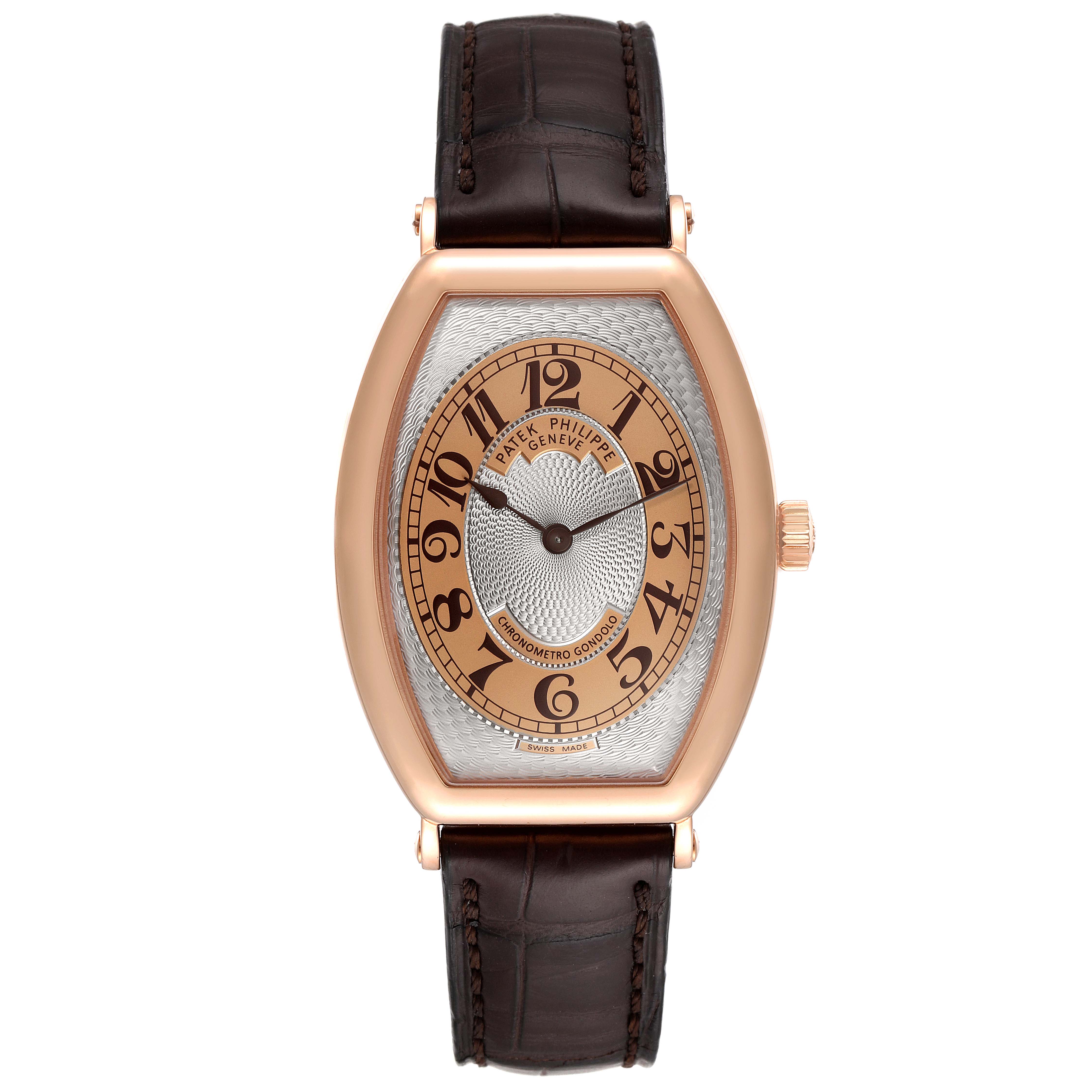 This image shows a Patek Philippe Gondolo 5098R Men's Rose Gold Silver Dial 5098R Men's Rose Gold Silver Dial watch from a top-down angle displaying the dial, bezel, and leather strap.