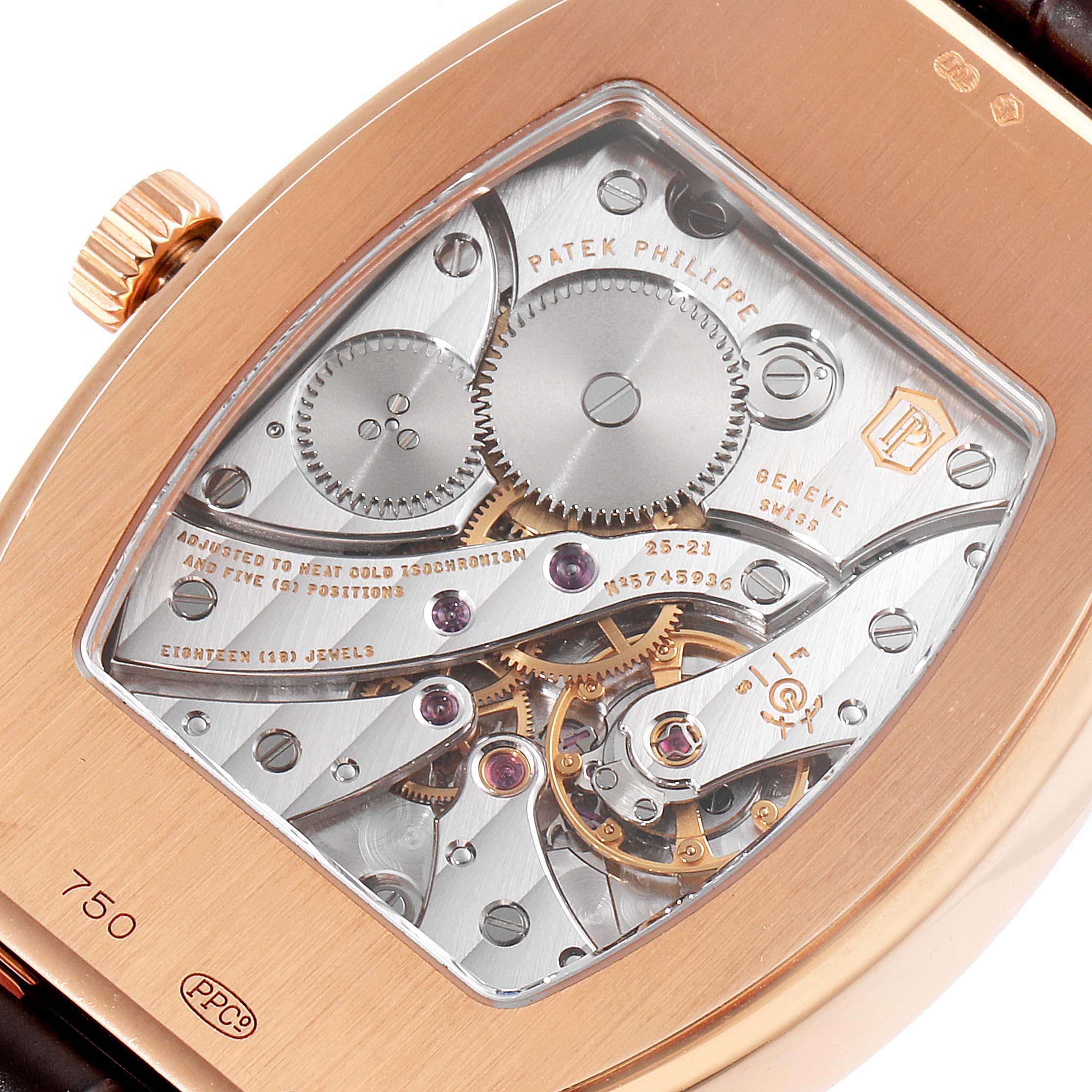 This image shows the intricate back view of the Patek Philippe Gondolo 5098R Men's Rose Gold Silver Dial 5098R Men's Rose Gold Silver Dial watch, highlighting its mechanical movement and gears.