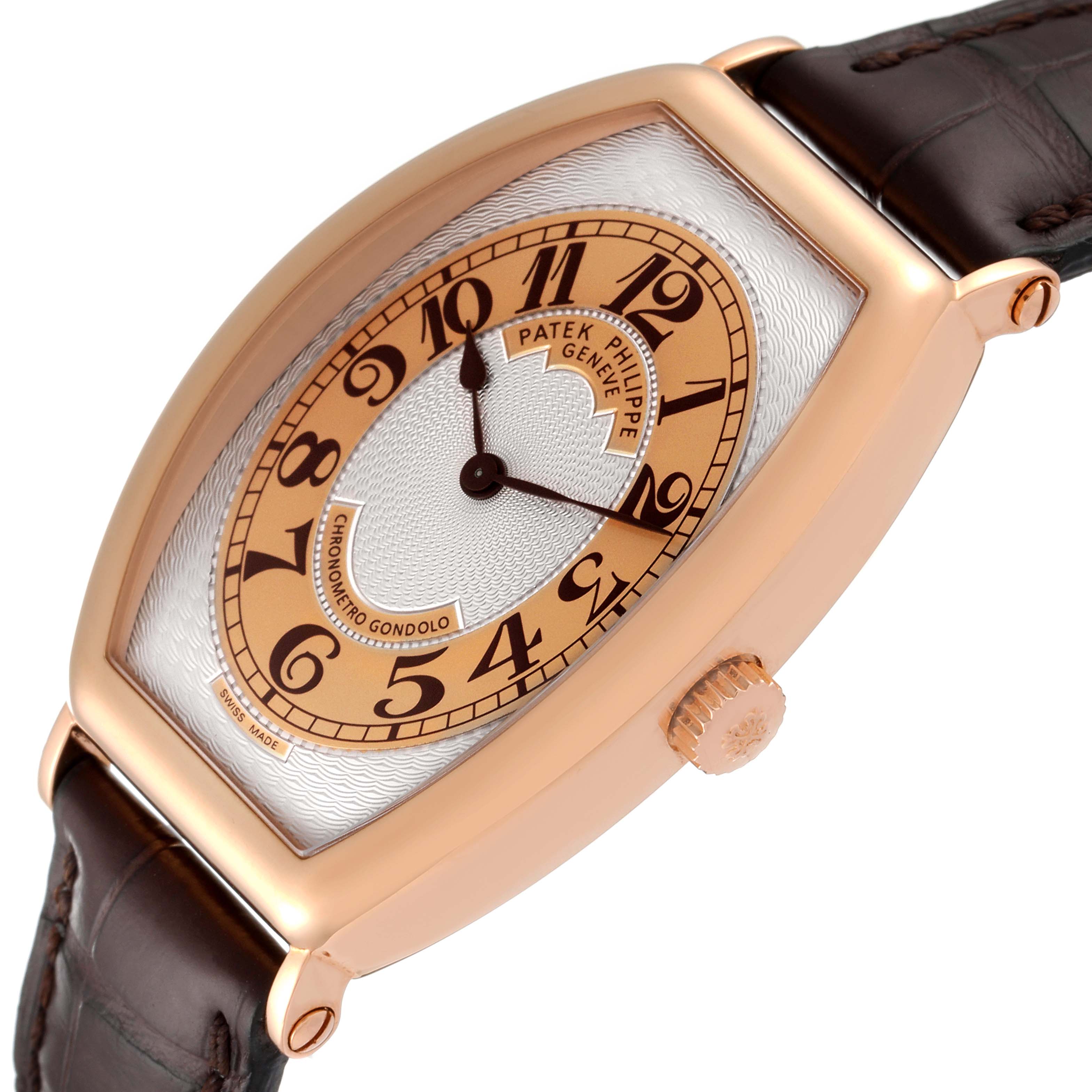 The image shows a close-up angled view of the Patek Philippe Gondolo 5098R Men's Rose Gold Silver Dial 5098R Men's Rose Gold Silver Dial watch, highlighting its dial, case, and crown.