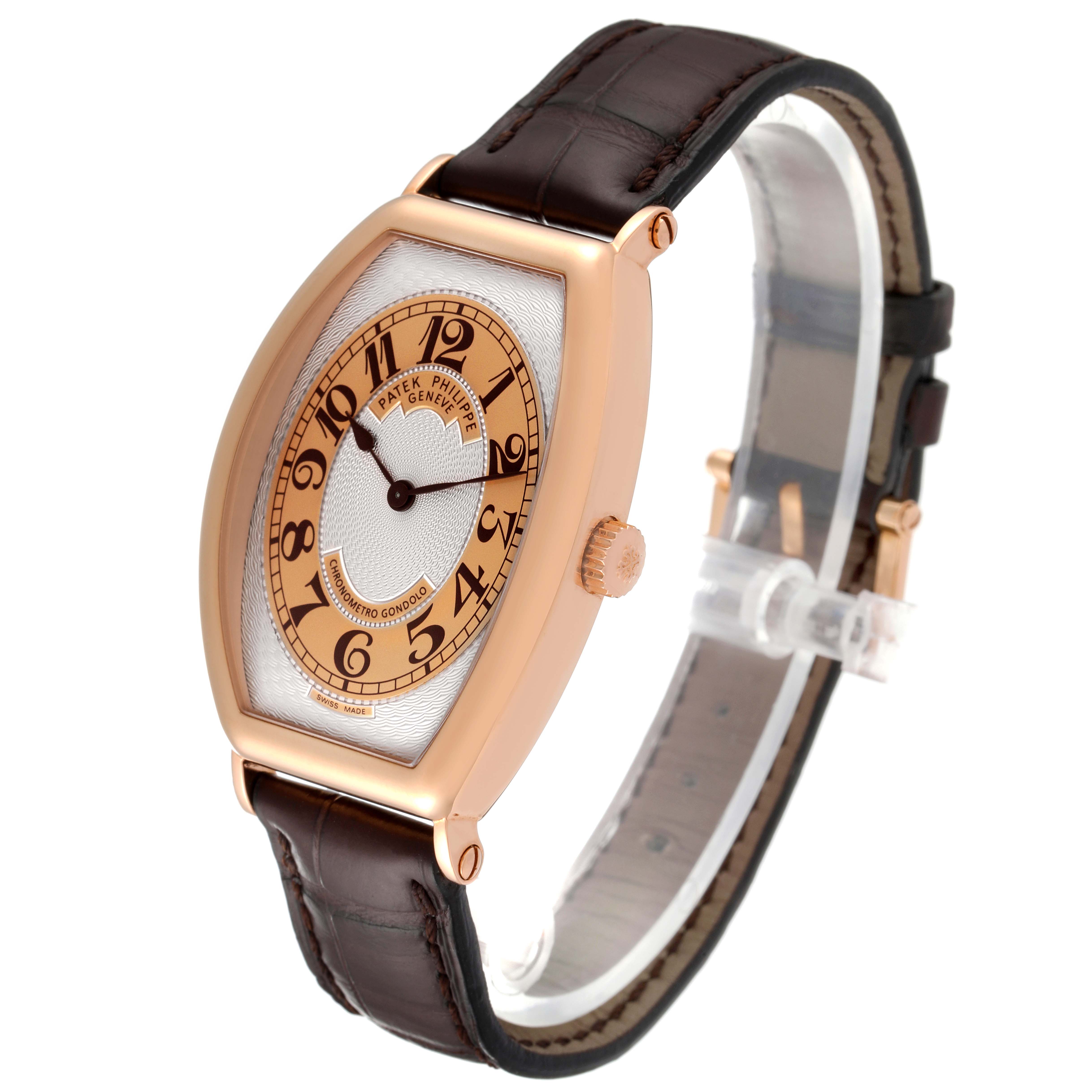 The image shows a Patek Philippe Gondolo 5098R Men's Rose Gold Silver Dial 5098R Men's Rose Gold Silver Dial watch at a three-quarter angle, highlighting the dial, case, and leather strap.