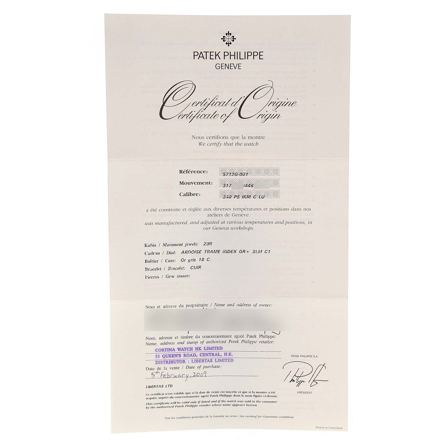 The image shows a Patek Philippe Nautilus 5712G/001 Men
s White Gold Grey Dial 5712G/001 Men
s White Gold Grey Dial model
s Certificate of Origin, detailing reference, movement, caliber, and purchase details.