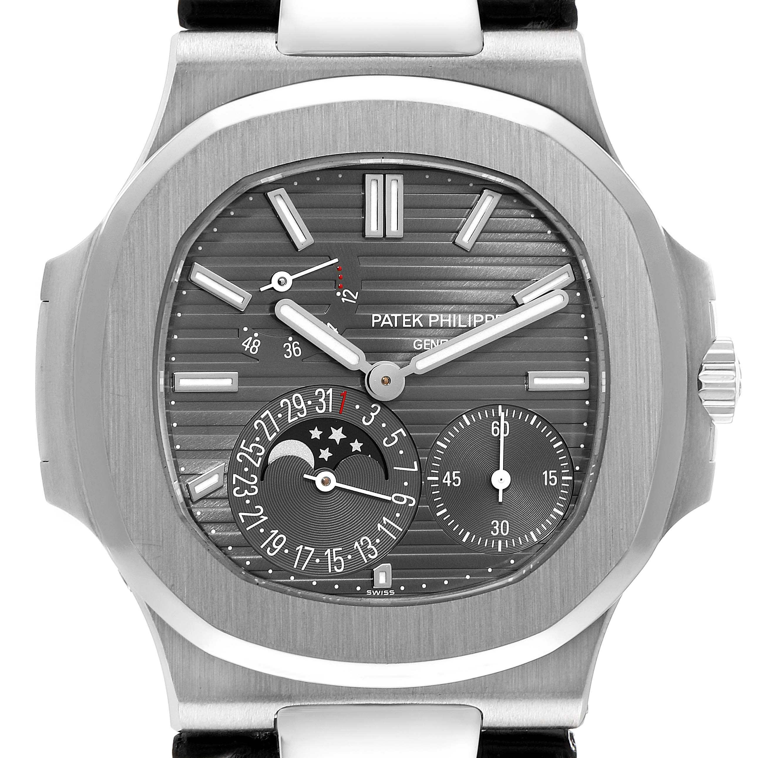 The image shows a front view of the Patek Philippe Nautilus 5712G/001 Men
s White Gold Grey Dial 5712G/001 Men
s White Gold Grey Dial watch, highlighting its face, hands, sub-dials, and bezel.