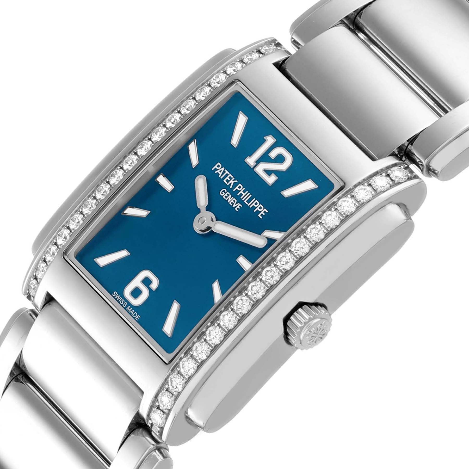 The image shows a close-up view of the Patek Philippe Twenty-4 4910 Women's Stainless Steel Blue Dial watch face, side, crown, and diamond detailing on the bezel.