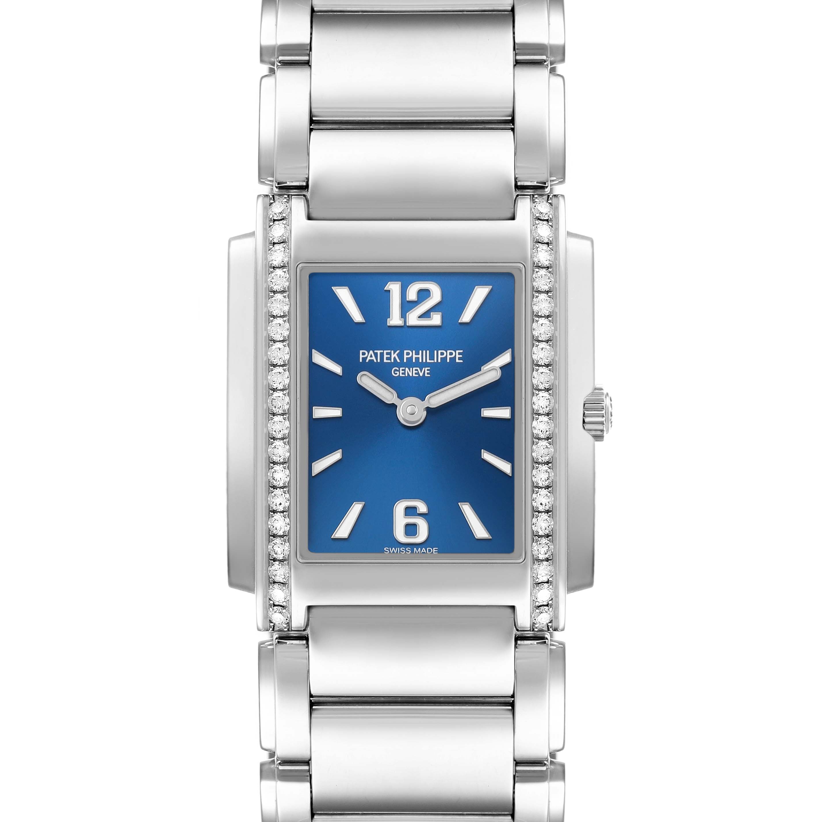 The Patek Philippe Twenty-4 4910 Women's Stainless Steel Blue Dial watch is shown from a top view, displaying its blue face, rectangular case, diamond accents, and metal bracelet.