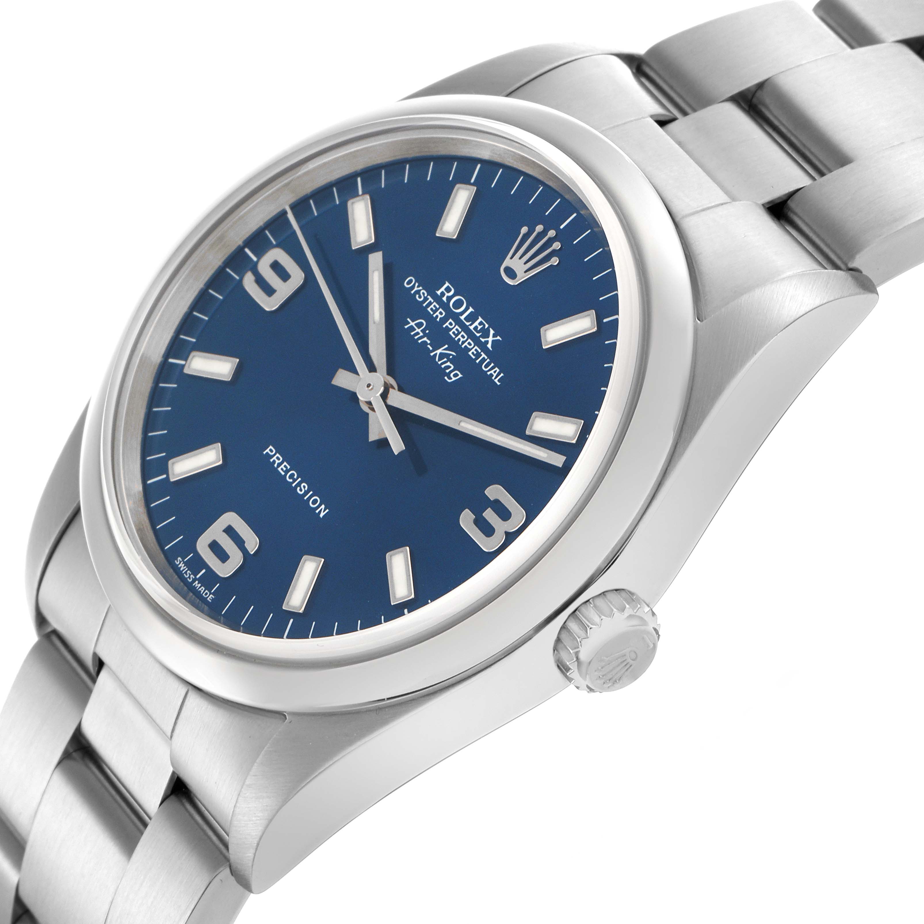 The Rolex Air-King 14000M Men's Stainless Steel Blue Dial 14000M Men's Stainless Steel Blue Dial watch is shown at a slight angle, highlighting the blue dial, crown, and stainless steel bracelet.