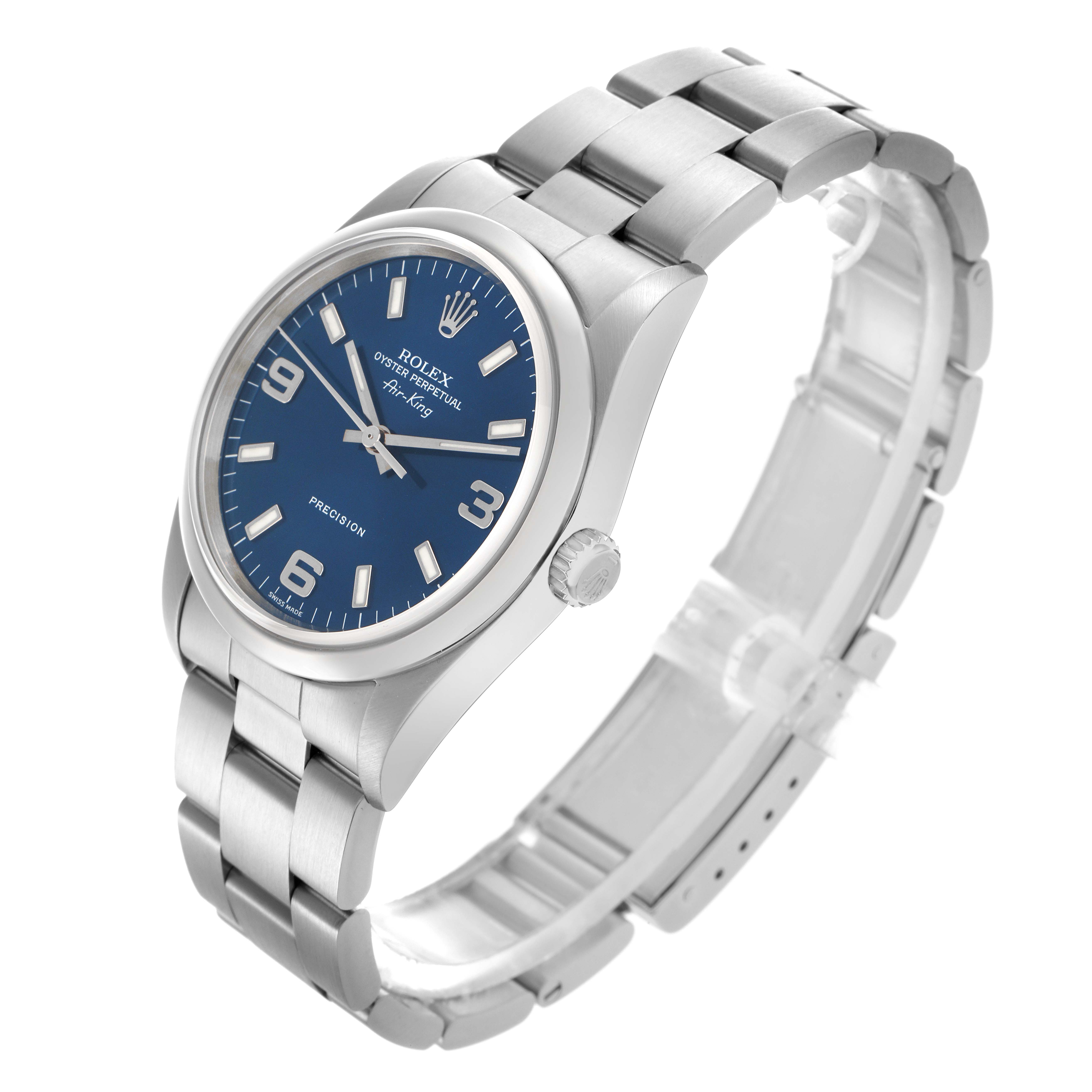 The Rolex Air-King 14000M Men's Stainless Steel Blue Dial 14000M Men's Stainless Steel Blue Dial watch is shown at an angled side view, highlighting its blue dial, crown, and metal bracelet.
