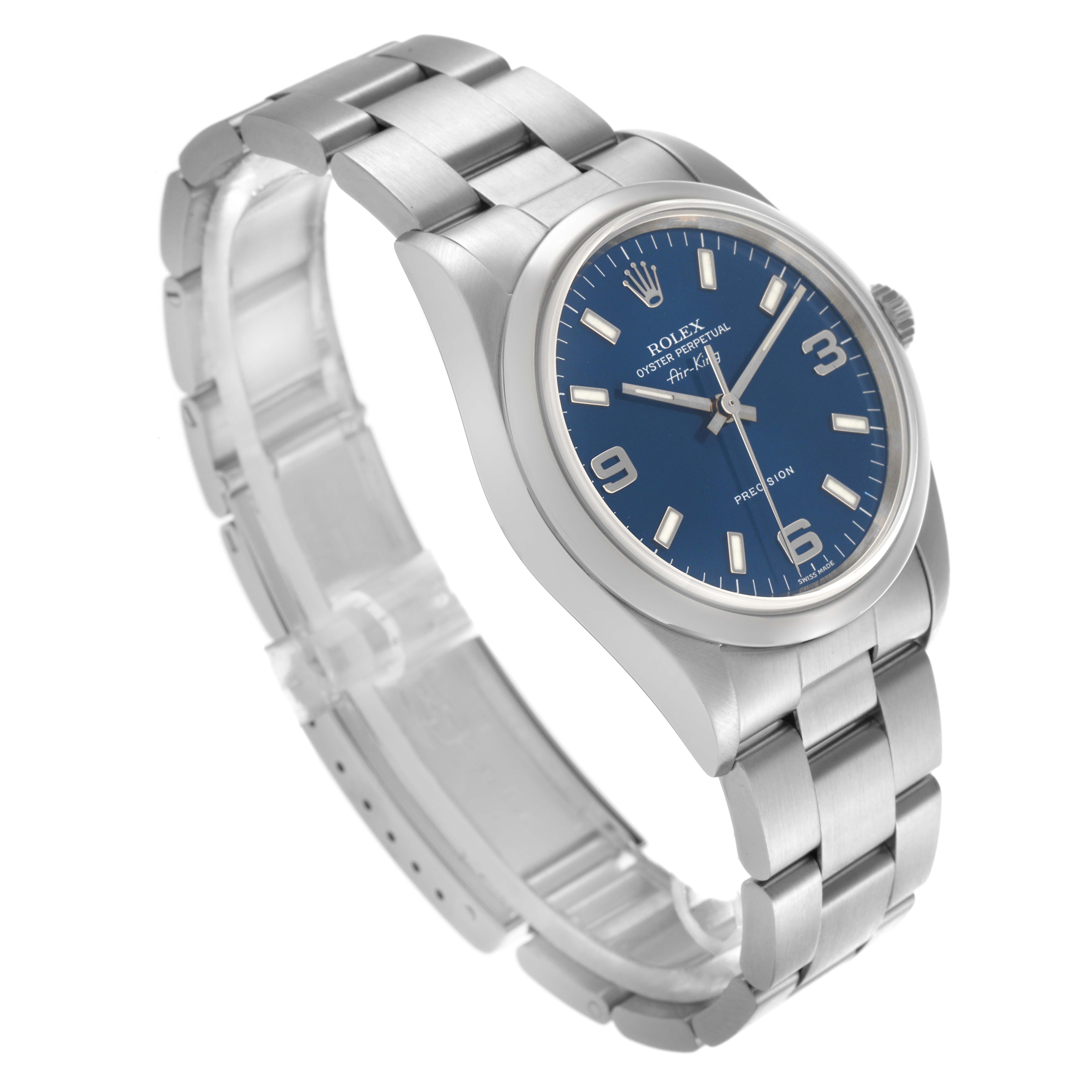 The Rolex Air-King 14000M Men's Stainless Steel Blue Dial 14000M Men's Stainless Steel Blue Dial watch is shown at a side angle, displaying the bracelet, case, blue dial, and crown.