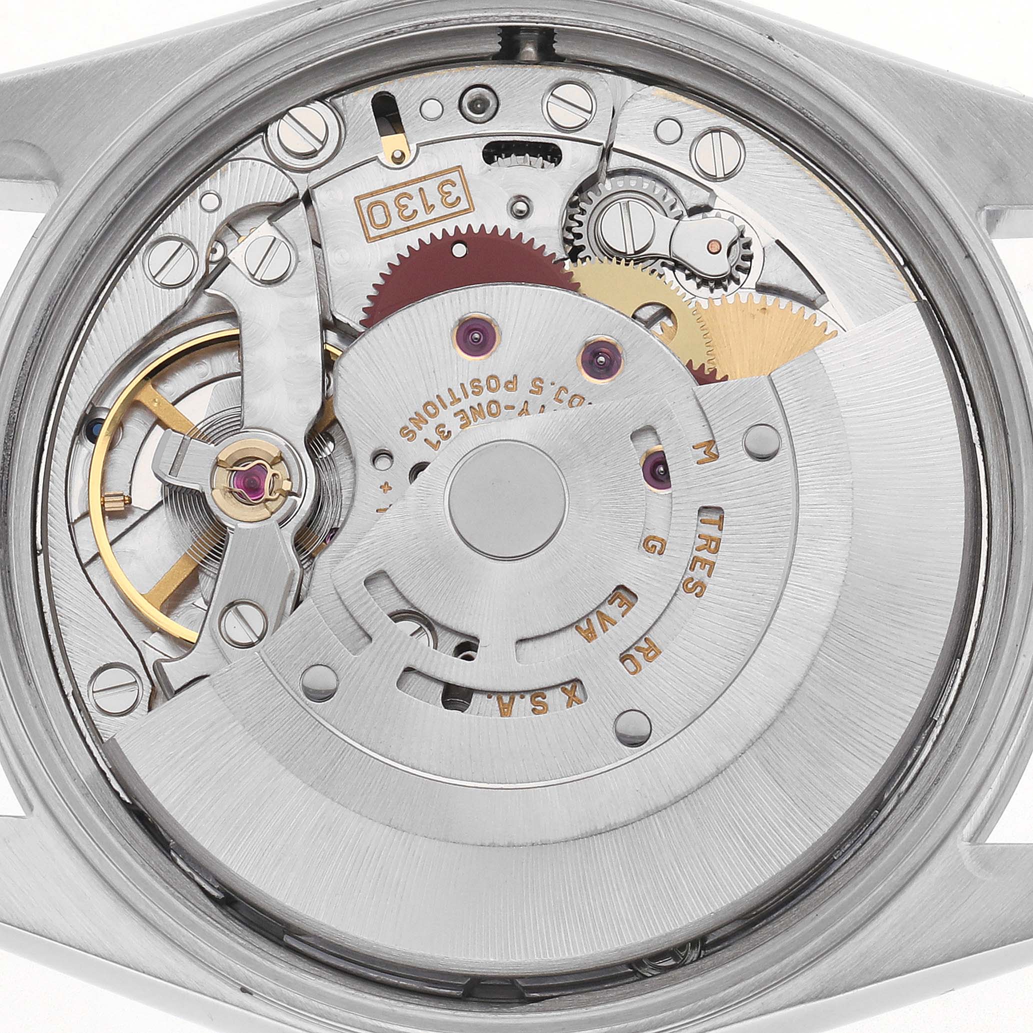 The image shows the open case back of a Rolex Air-King 14000M Men's Stainless Steel Blue Dial 14000M Men's Stainless Steel Blue Dial, revealing its intricate movement and gears from a top-down angle.