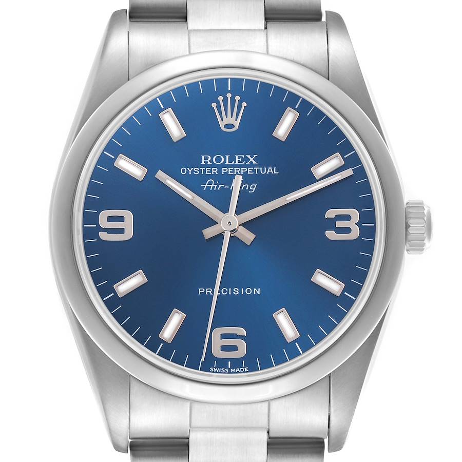 The Rolex Air-King watch is shown from a front angle, highlighting the dial, hands, crown, and stainless steel bracelet.