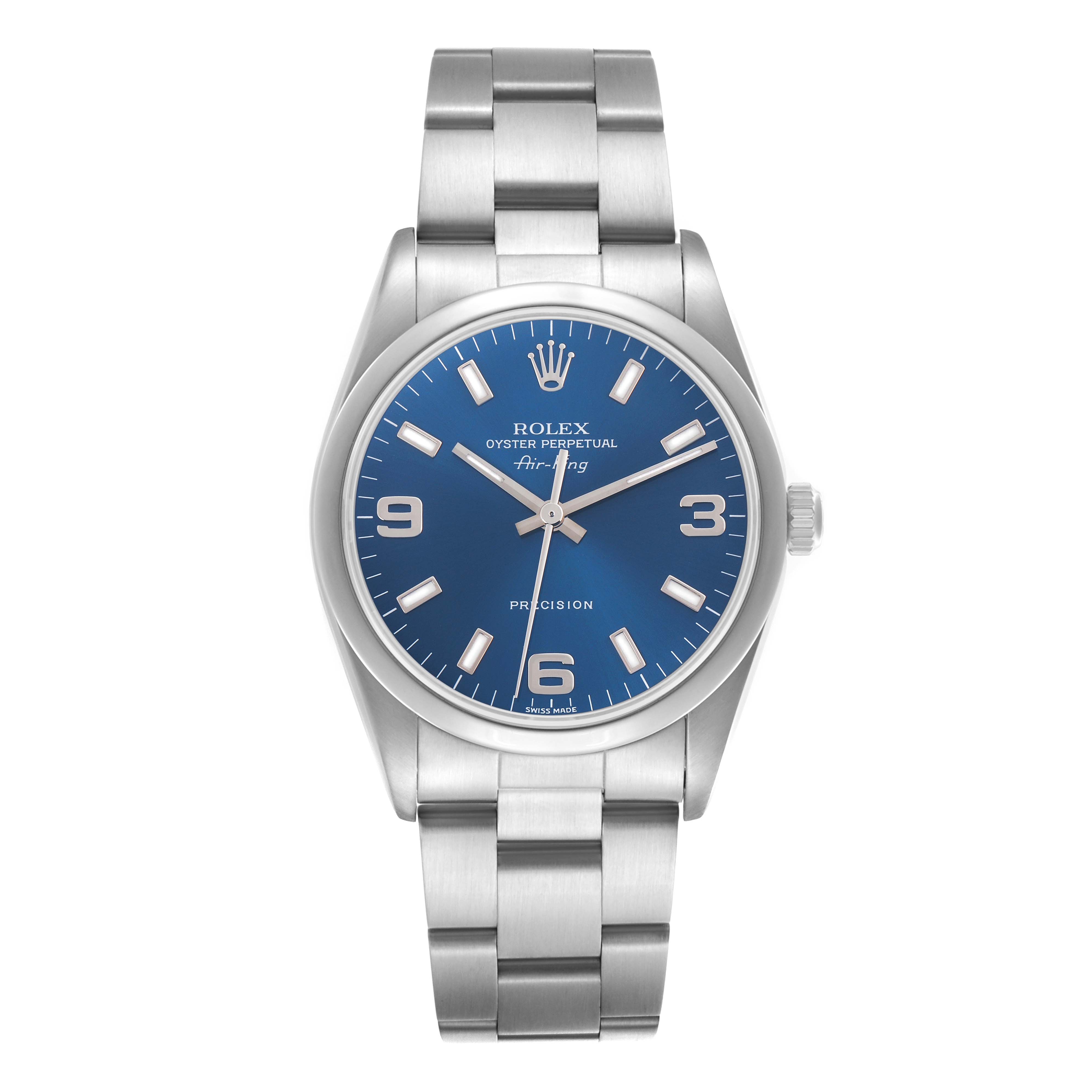 The Rolex Air-King 14000M Men's Stainless Steel Blue Dial 14000M Men's Stainless Steel Blue Dial watch is shown from a front view, displaying the face, bezel, and bracelet.
