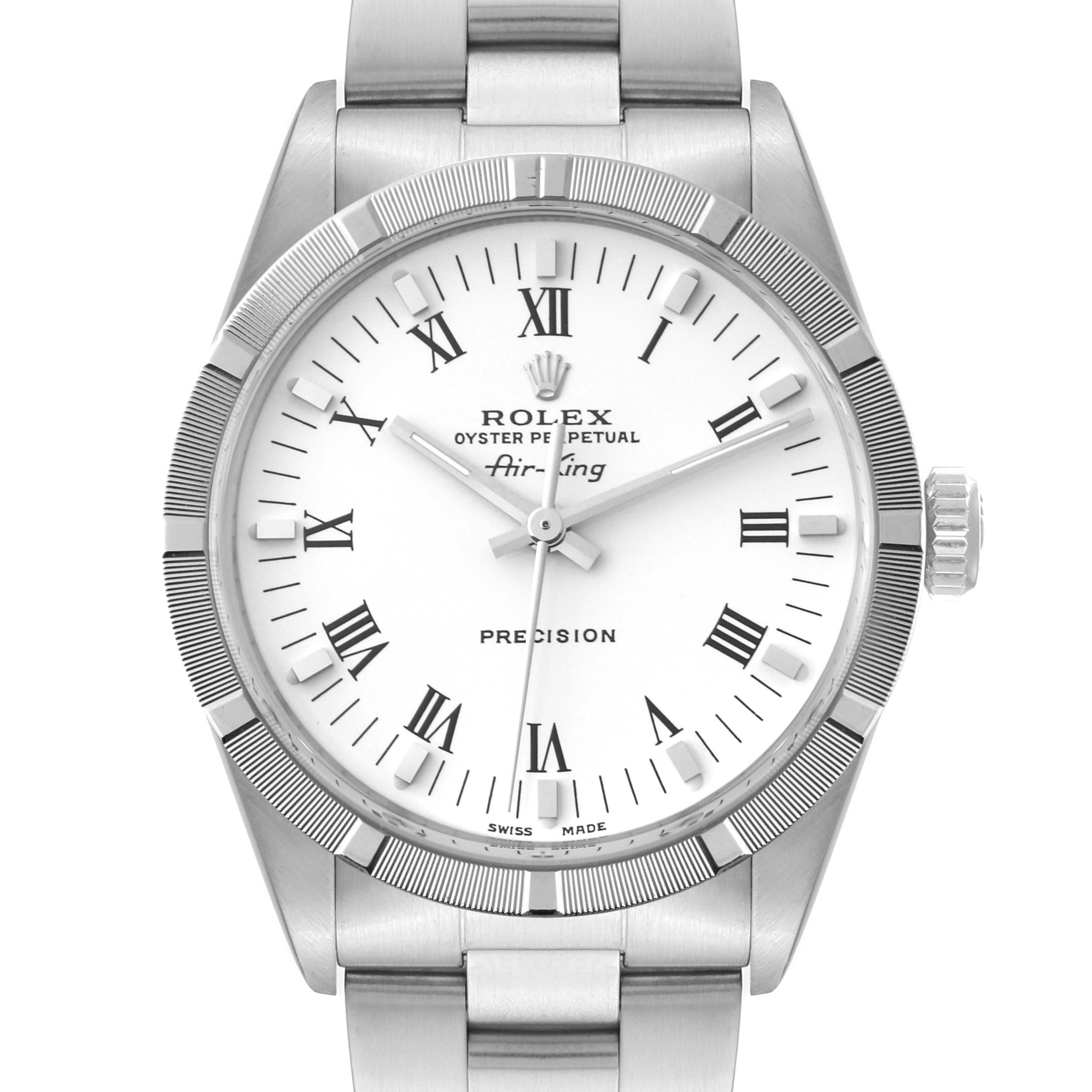 The image shows a front view of the Rolex Air-King 14010M Men's Stainless Steel White Dial 14010M Men's Stainless Steel White Dial, displaying the dial, bezel, crown, and part of the bracelet.