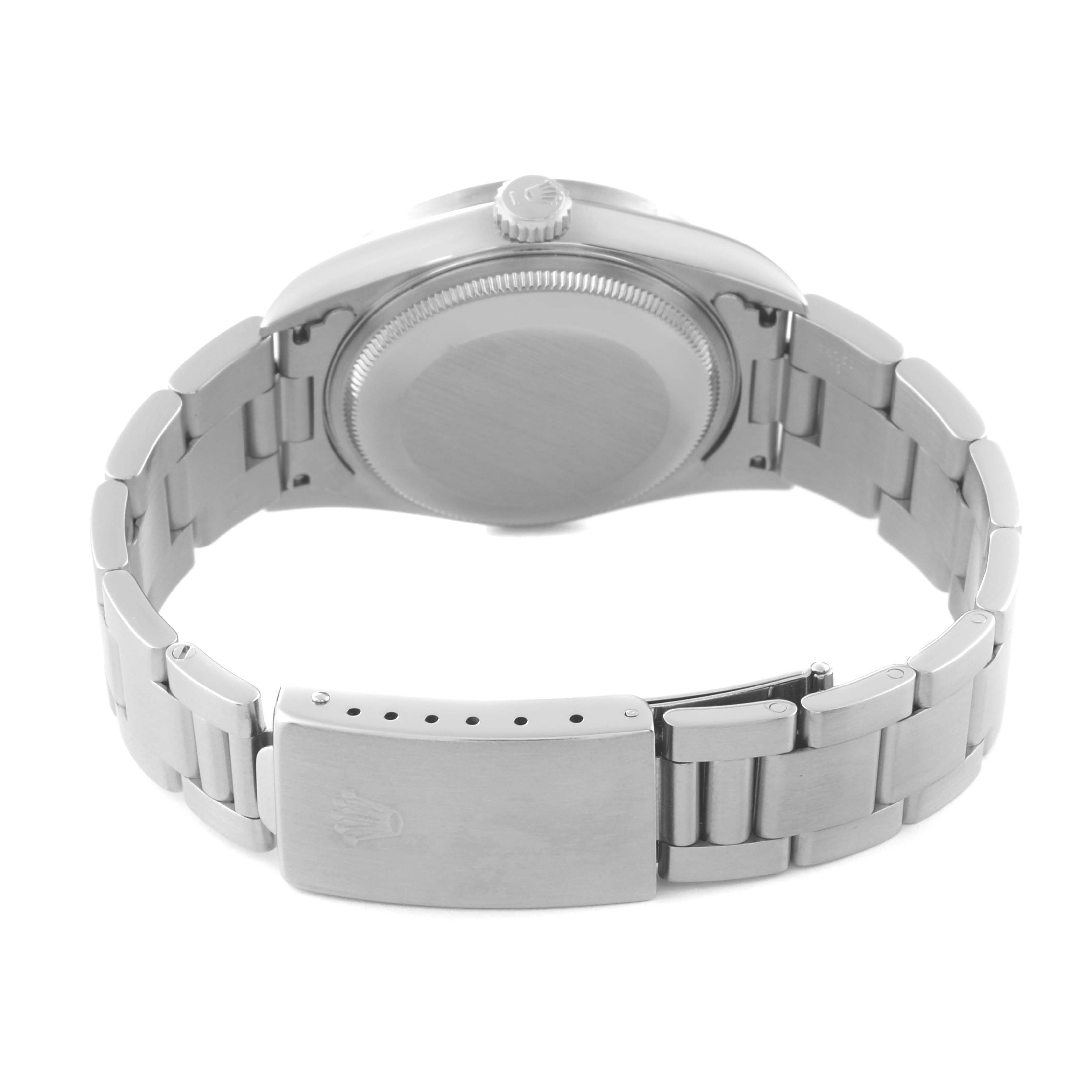 This image shows the back view of the Rolex Air-King 14010M Men's Stainless Steel White Dial 14010M Men's Stainless Steel White Dial model, highlighting the case back, bracelet, and clasp.