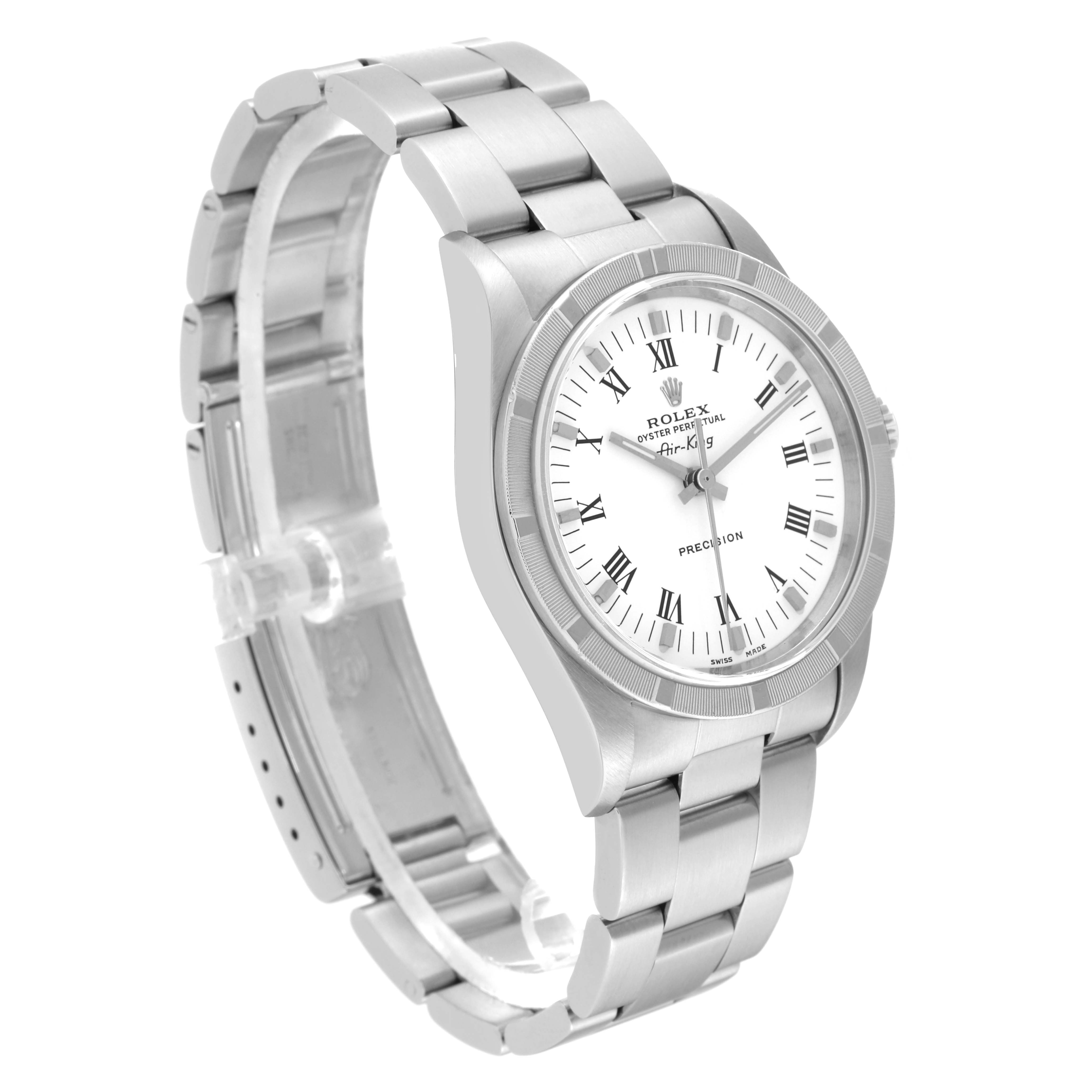 The image shows a side angle view of the Rolex Air-King 14010M Men's Stainless Steel White Dial 14010M Men's Stainless Steel White Dial watch, including the watch face, bracelet, and clasp.