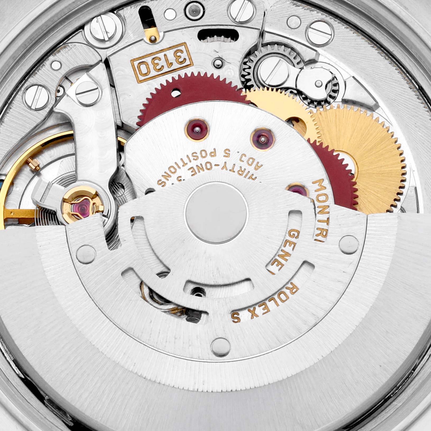 The image shows a close-up of the internal mechanism and gears of a Rolex Air-King 14010M Men's Stainless Steel White Dial 14010M Men's Stainless Steel White Dial watch.