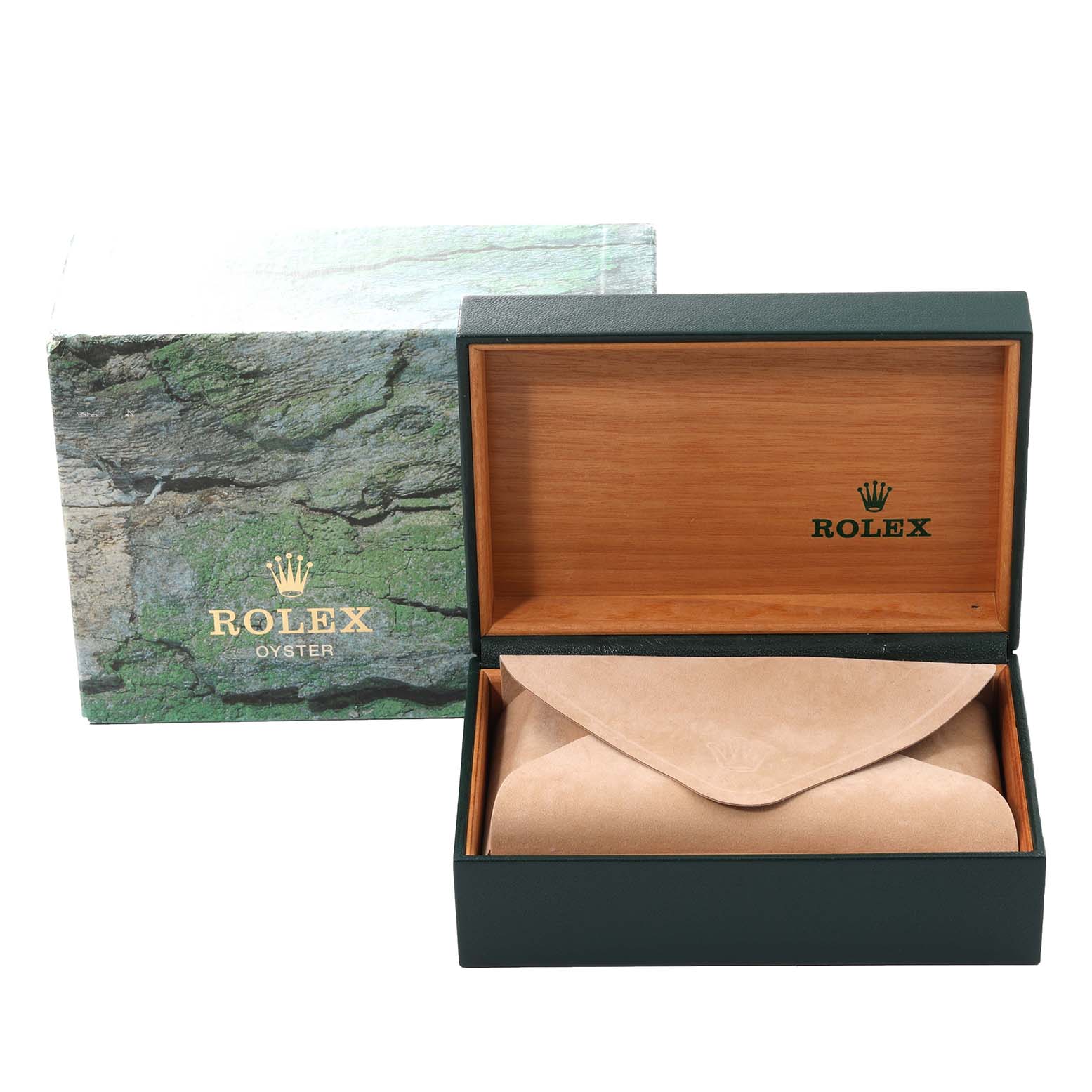 This image shows the opened packaging box for a Rolex Air-King 14010M Men's Stainless Steel White Dial 14010M Men's Stainless Steel White Dial watch, including the inner watch case and outer sleeve.