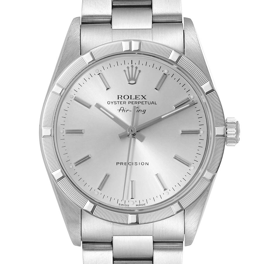 Rolex Air King Engine Turned Bezel Silver Dial Steel Mens Watch 14010 SwissWatchExpo