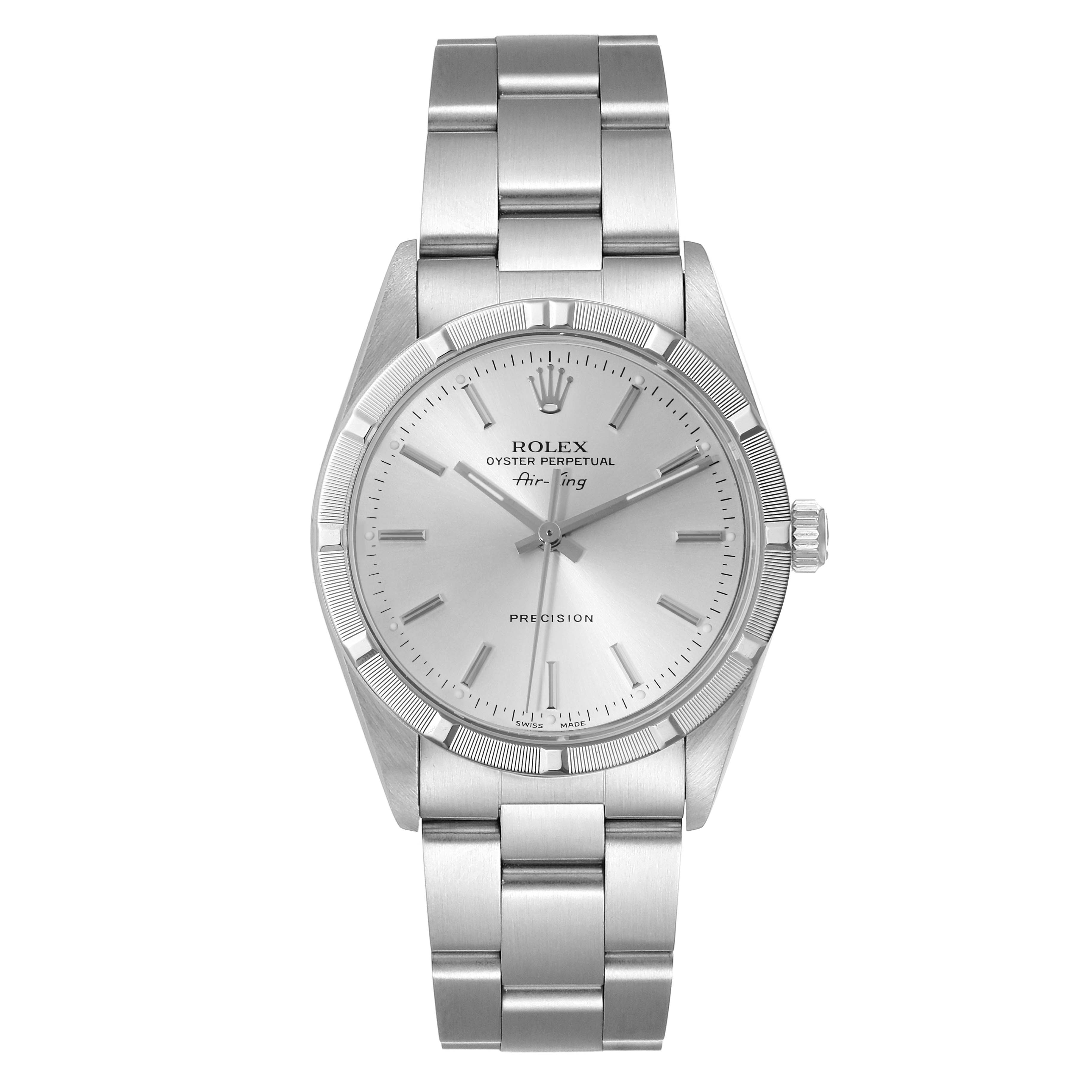 This image shows a frontal view of a Rolex Air-King 14010 Men's Stainless Steel Silver Dial 14010 Men's Stainless Steel Silver Dial watch, displaying its face, bezel, crown, and bracelet.