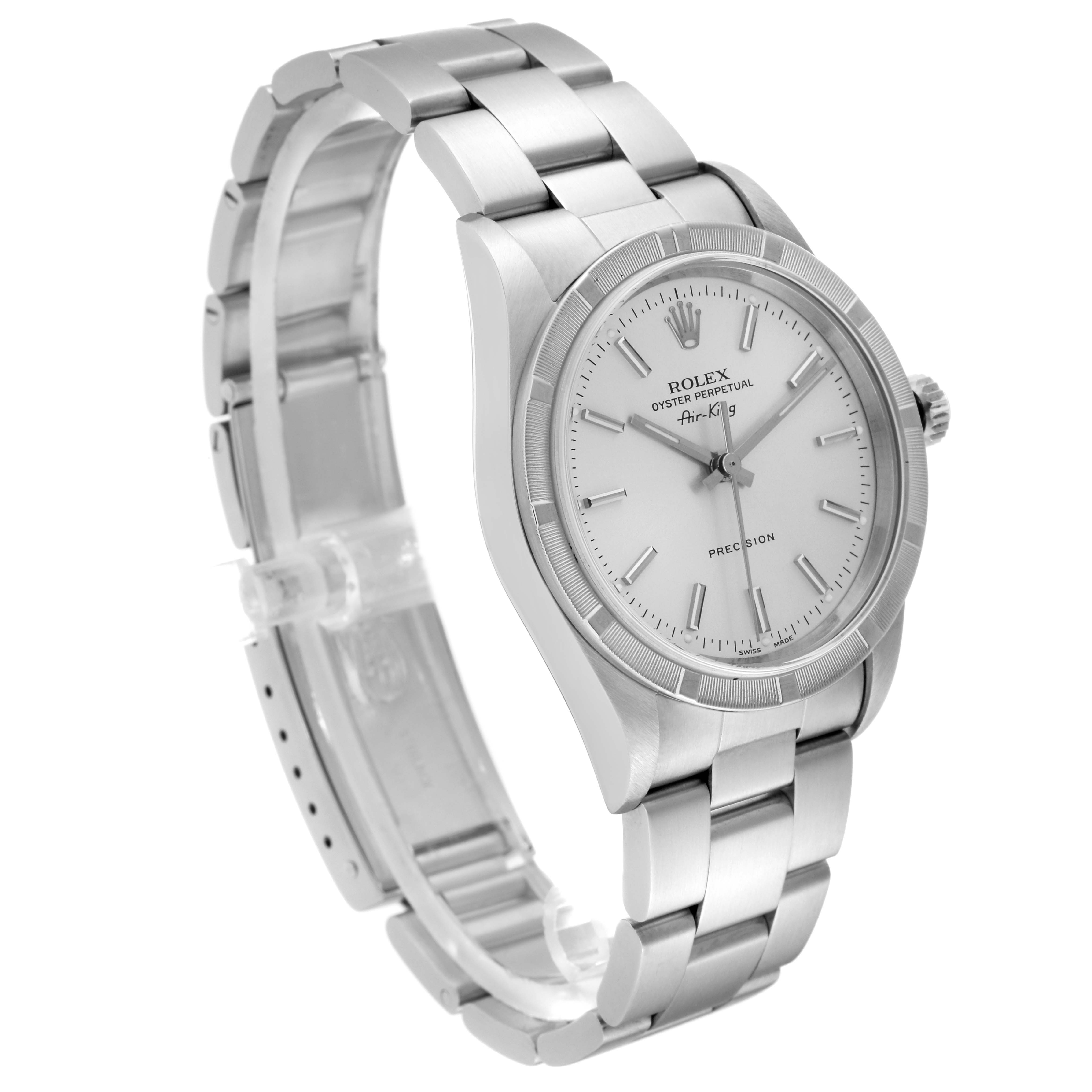 The image shows a side view of the Rolex Air-King 14010 Men's Stainless Steel Silver Dial 14010 Men's Stainless Steel Silver Dial watch, featuring its bracelet, case, dial, and crown.