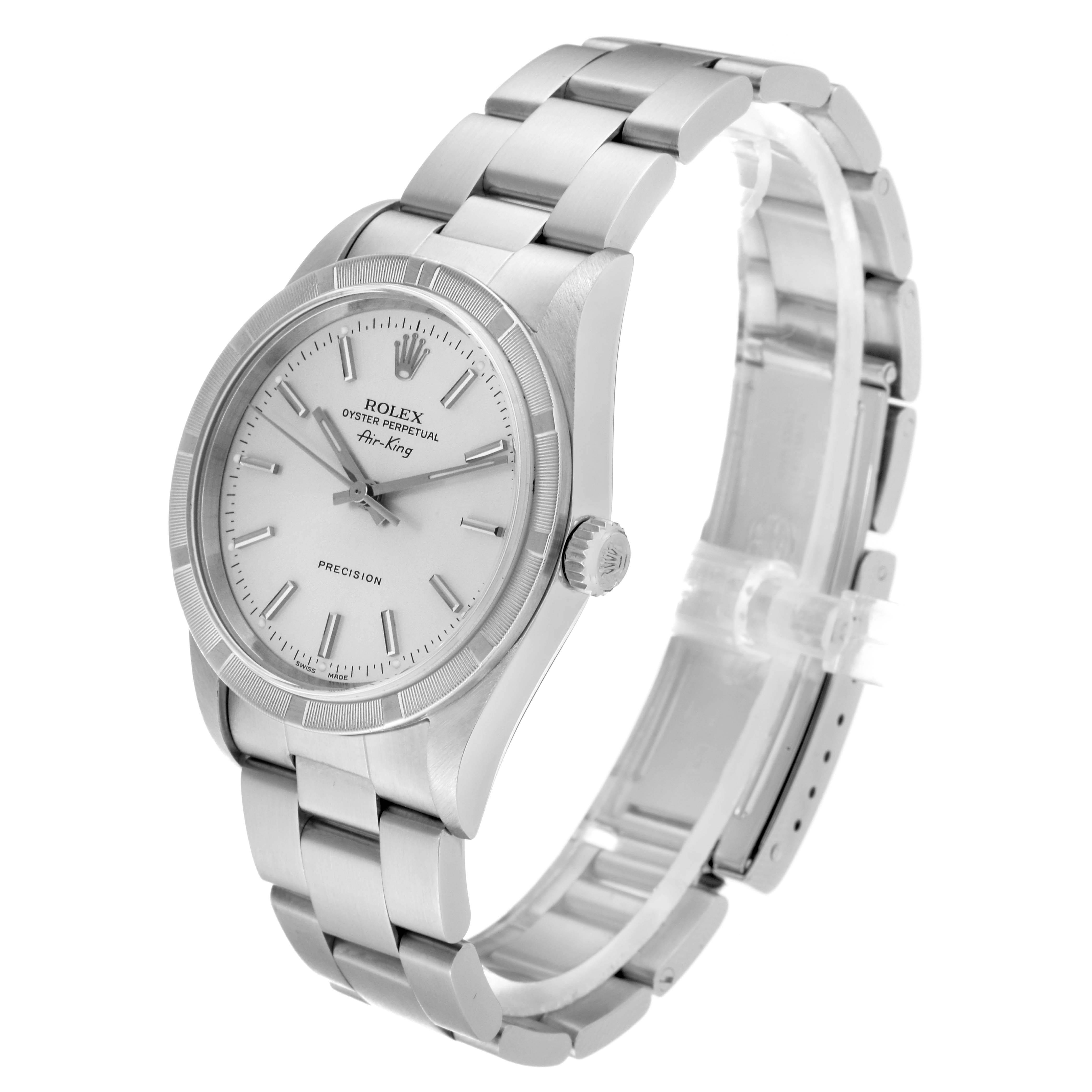 The Rolex Air-King 14010 Men's Stainless Steel Silver Dial 14010 Men's Stainless Steel Silver Dial watch is shown at a slight angle, highlighting the dial, crown, case, and bracelet.