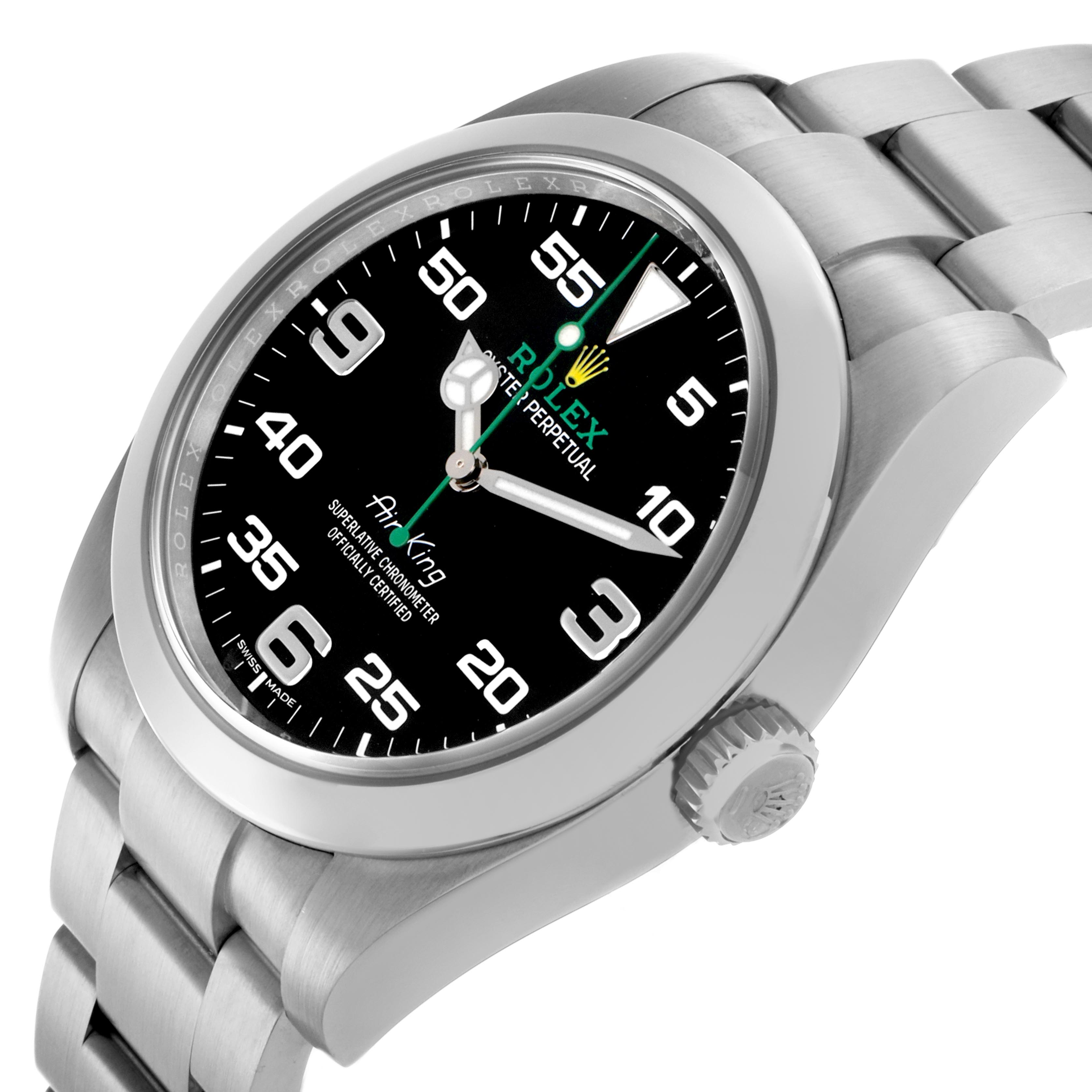 The Rolex Air-King 116900 Men's Stainless Steel Black Dial 116900 Men's Stainless Steel Black Dial watch is shown at a three-quarter angle, displaying the face, case, crown, and part of the bracelet.