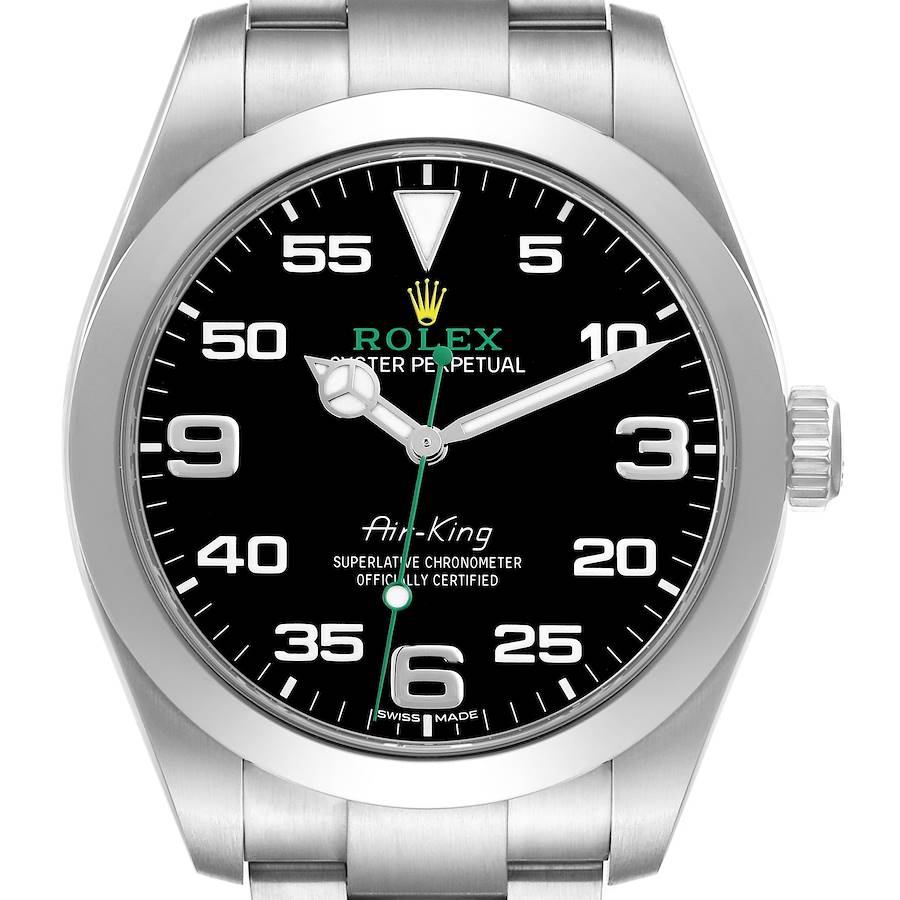 The Rolex Air-King watch is shown from a front angle, displaying the face, bezel, crown, and part of the bracelet.