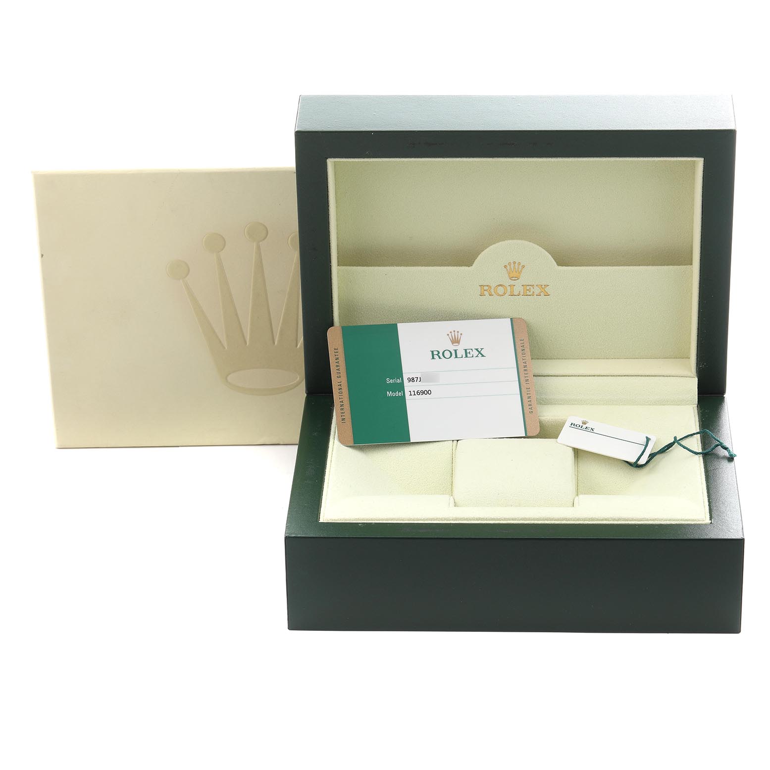 The image shows the open box of a Rolex Air-King 116900 Men's Stainless Steel Black Dial 116900 Men's Stainless Steel Black Dial watch, with a certification card and tag inside.
