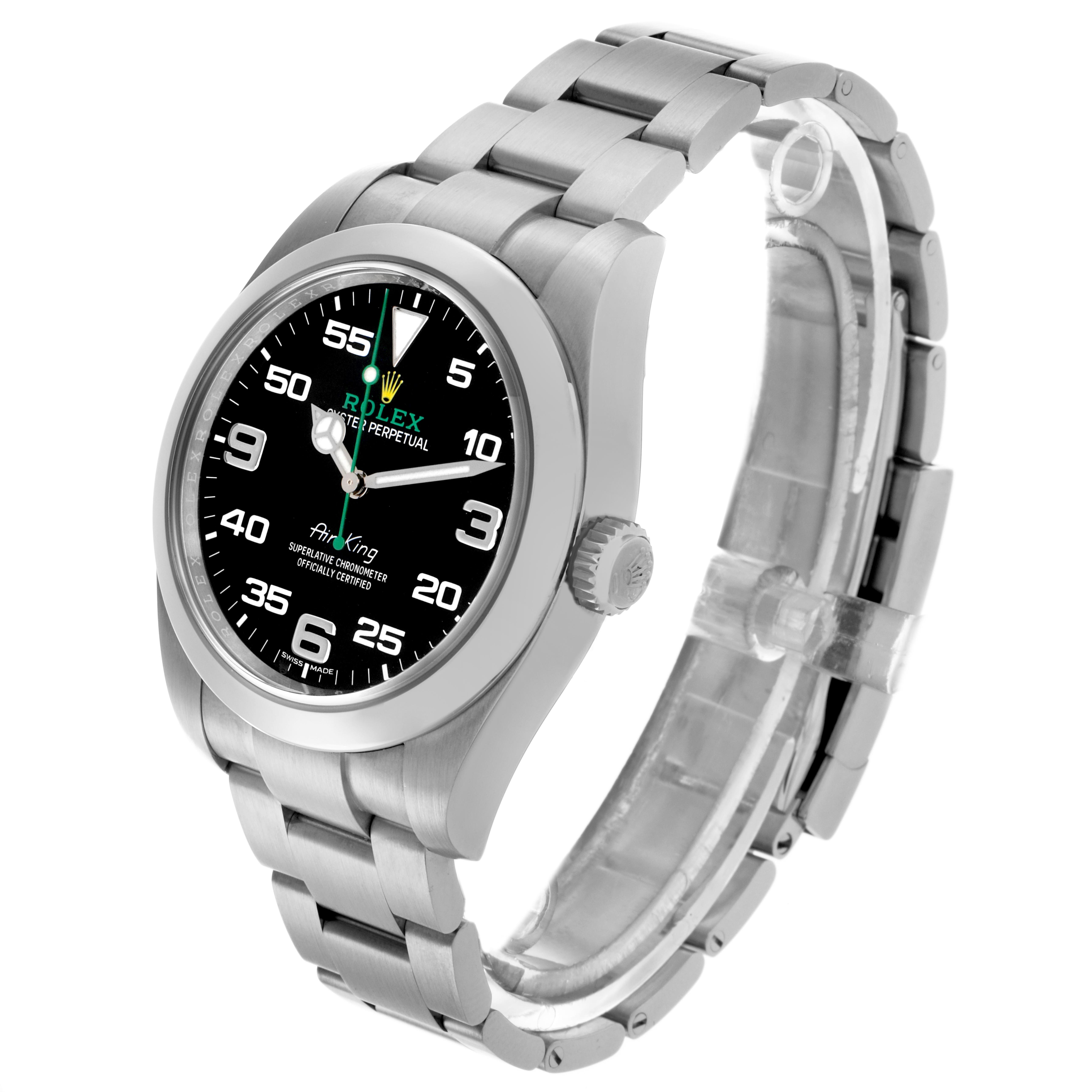 The Rolex Air-King 116900 Men's Stainless Steel Black Dial 116900 Men's Stainless Steel Black Dial watch is shown from a high-angle view, displaying the face, bezel, crown, and bracelet.