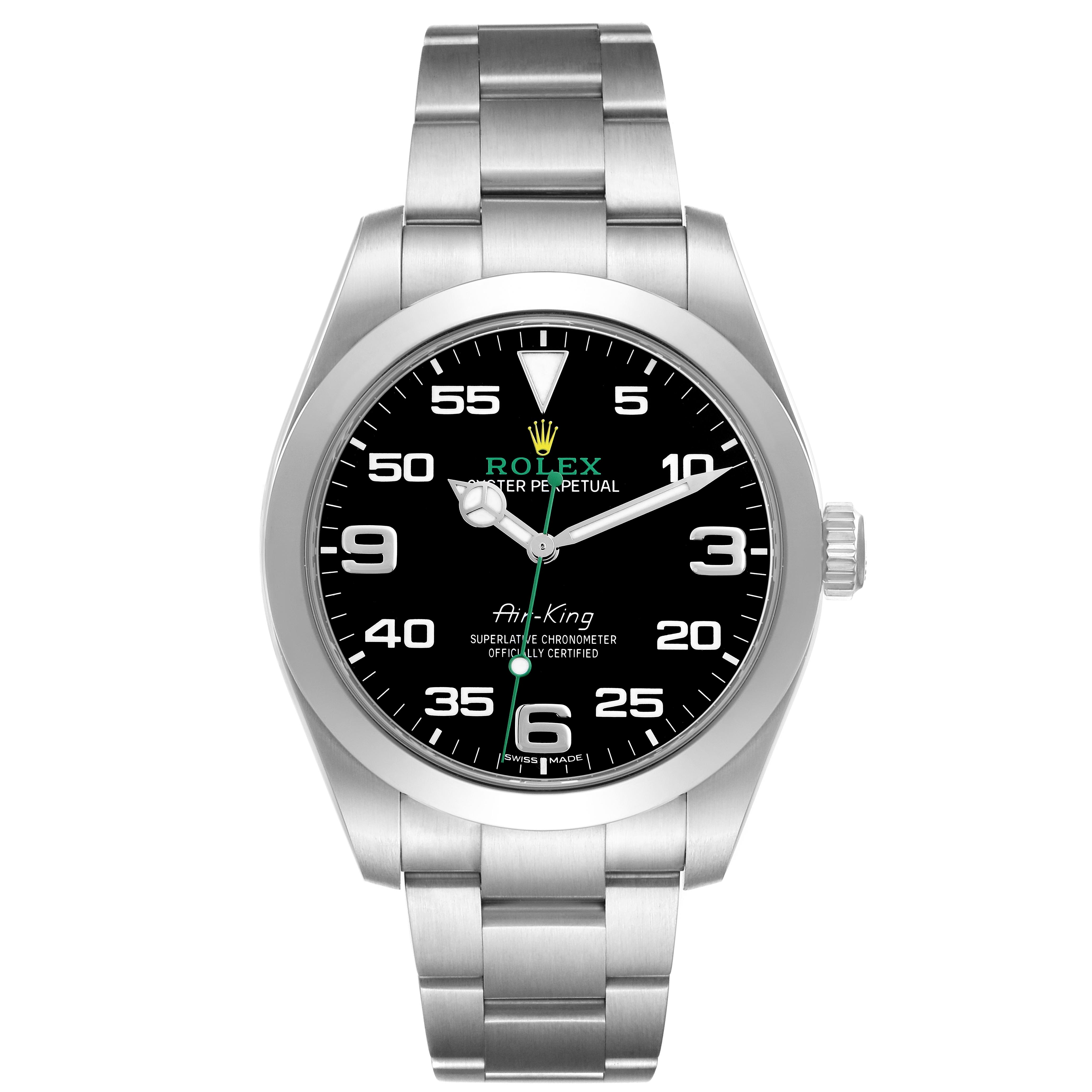 The Rolex Air-King 116900 Men's Stainless Steel Black Dial 116900 Men's Stainless Steel Black Dial watch is shown from the front, including the bracelet, case, and dial with visible numbers and branding.