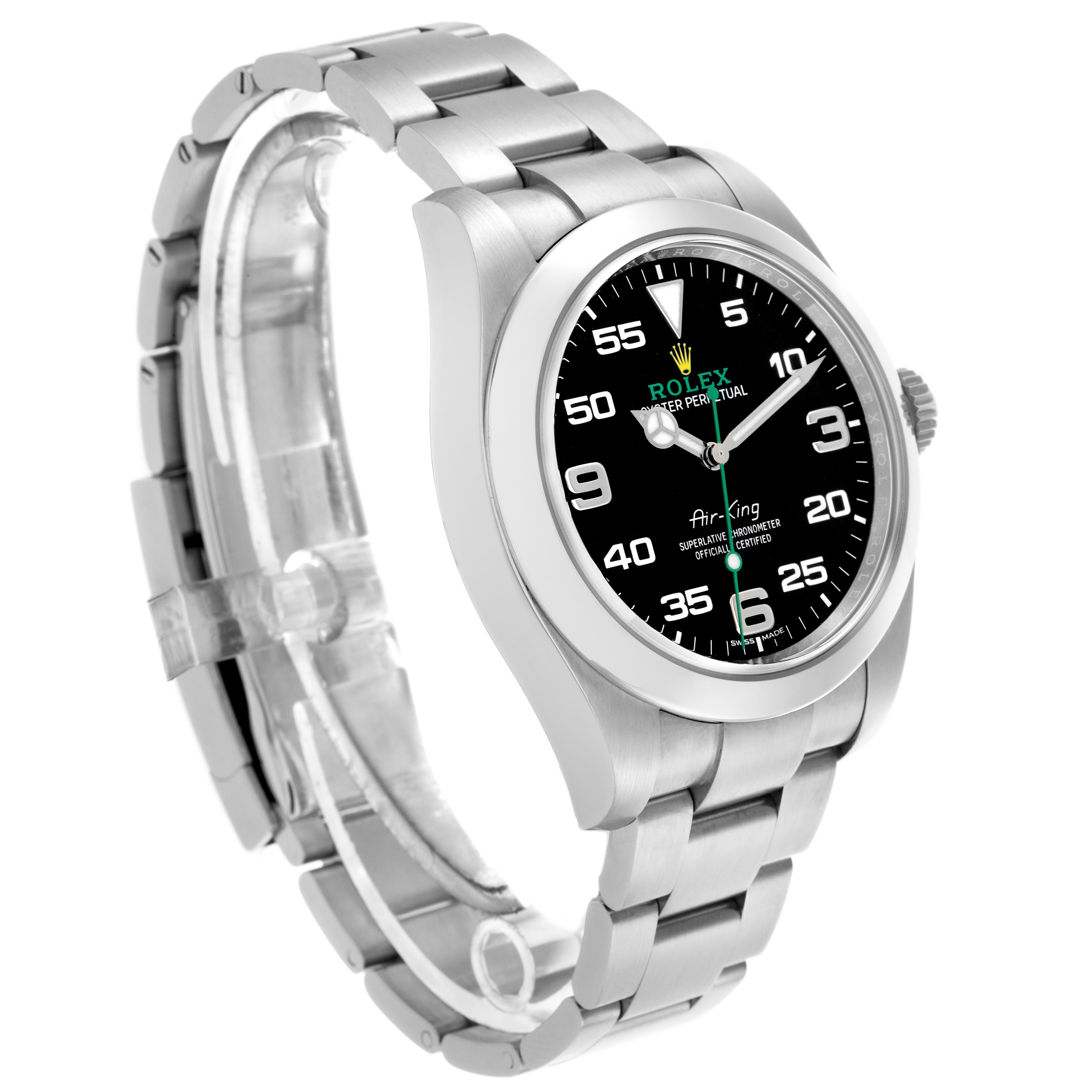 The Rolex Air-King 116900 Men's Stainless Steel Black Dial 116900 Men's Stainless Steel Black Dial watch is shown at a three-quarter angle, highlighting the face, bezel, and bracelet.