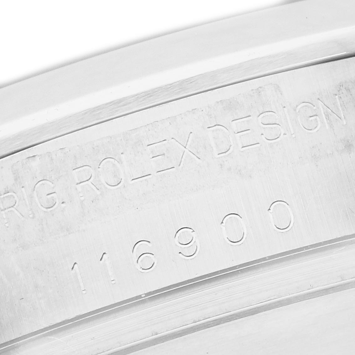 The image shows the engraved side of the Rolex Air-King 116900 Men's Stainless Steel Black Dial 116900 Men's Stainless Steel Black Dial watch case, highlighting the design and model number.