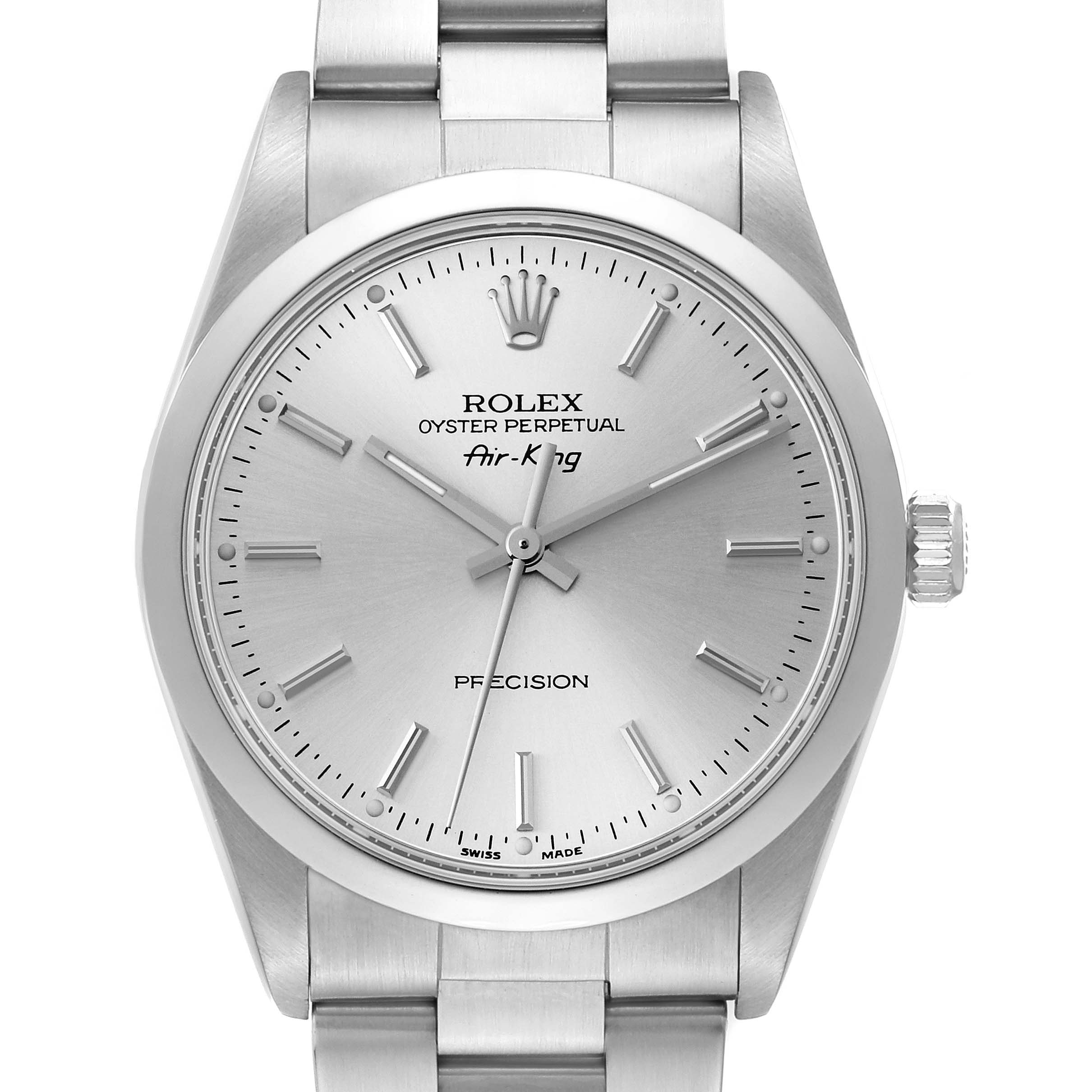 The image shows a front view of a Rolex Air-King 14000 Men's Stainless Steel Silver Dial 14000 Men's Stainless Steel Silver Dial watch, highlighting the dial, hour markers, hands, crown, and part of the bracelet.