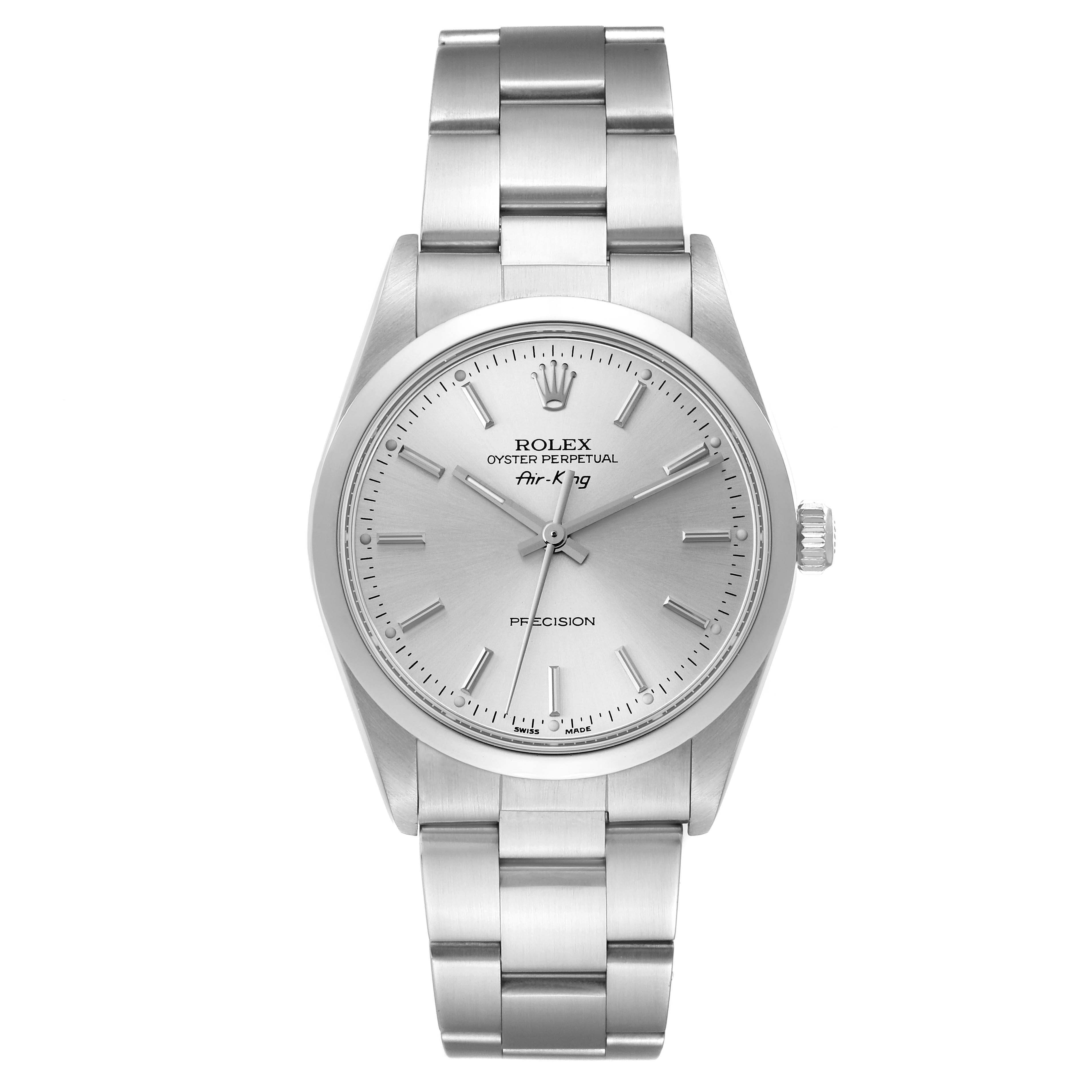 This image shows a front view of the Rolex Air-King 14000 Men's Stainless Steel Silver Dial 14000 Men's Stainless Steel Silver Dial watch, highlighting its face, bezel, and metal bracelet.
